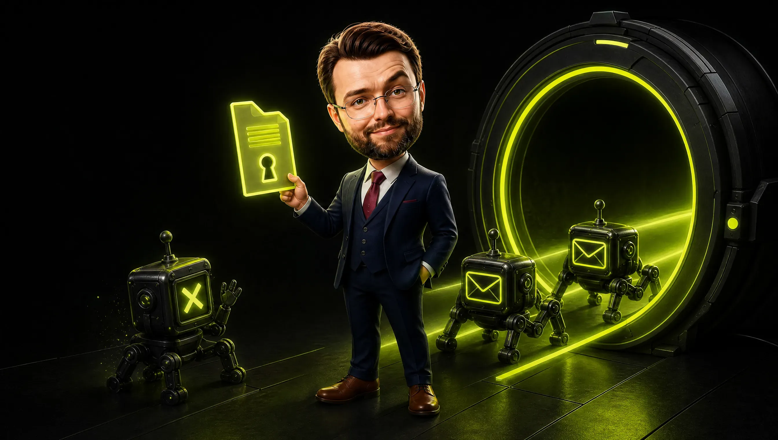 A dark portal guarded by a luminous file acting as a key, three small crawler robots waiting in line: two admitted by a lime beam, one turned away