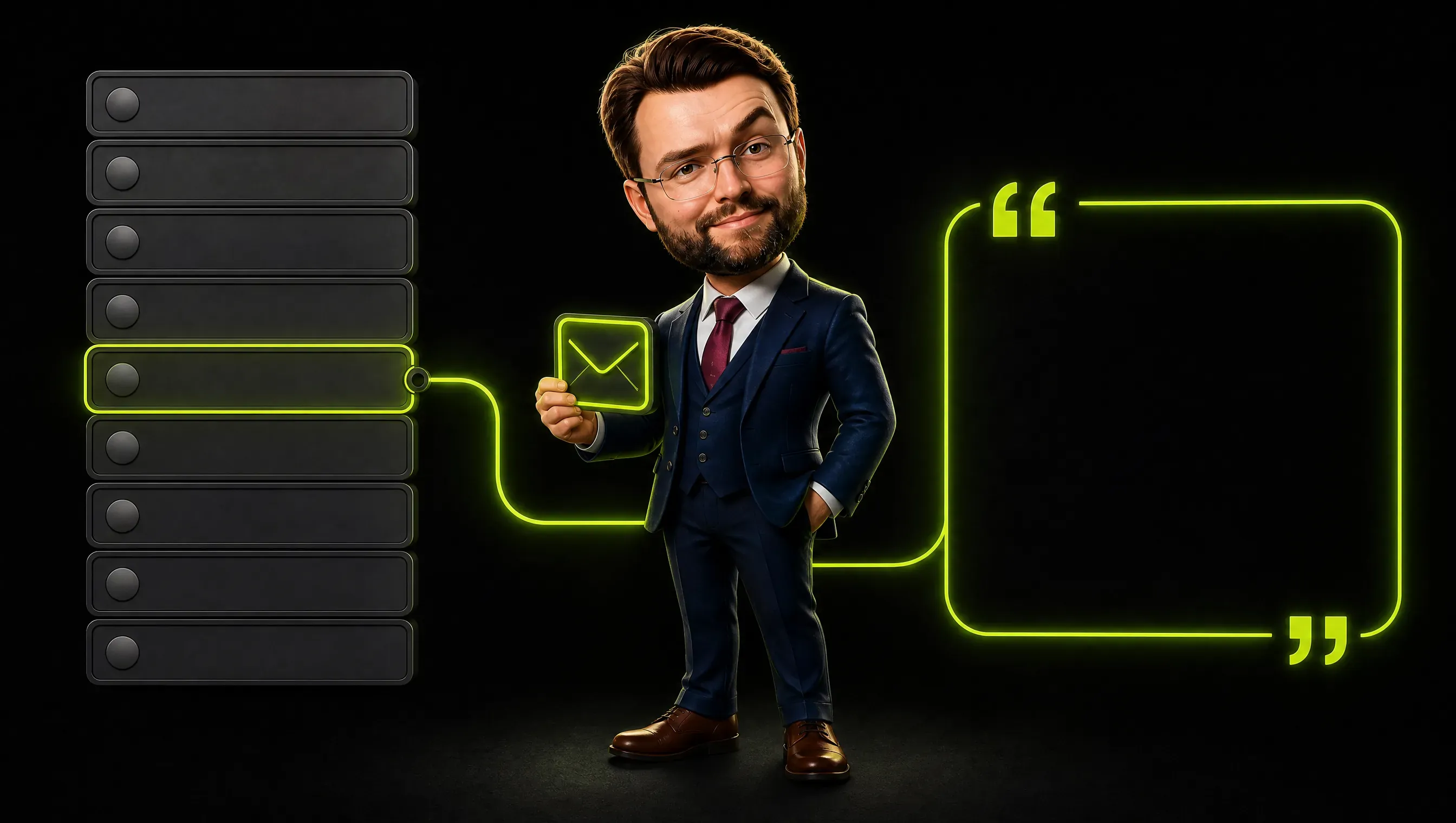A split scene on a dark background: on the left a list of ten identical grey slots, on the right a luminous paragraph with quotation marks and a single lime-lit card feeding it