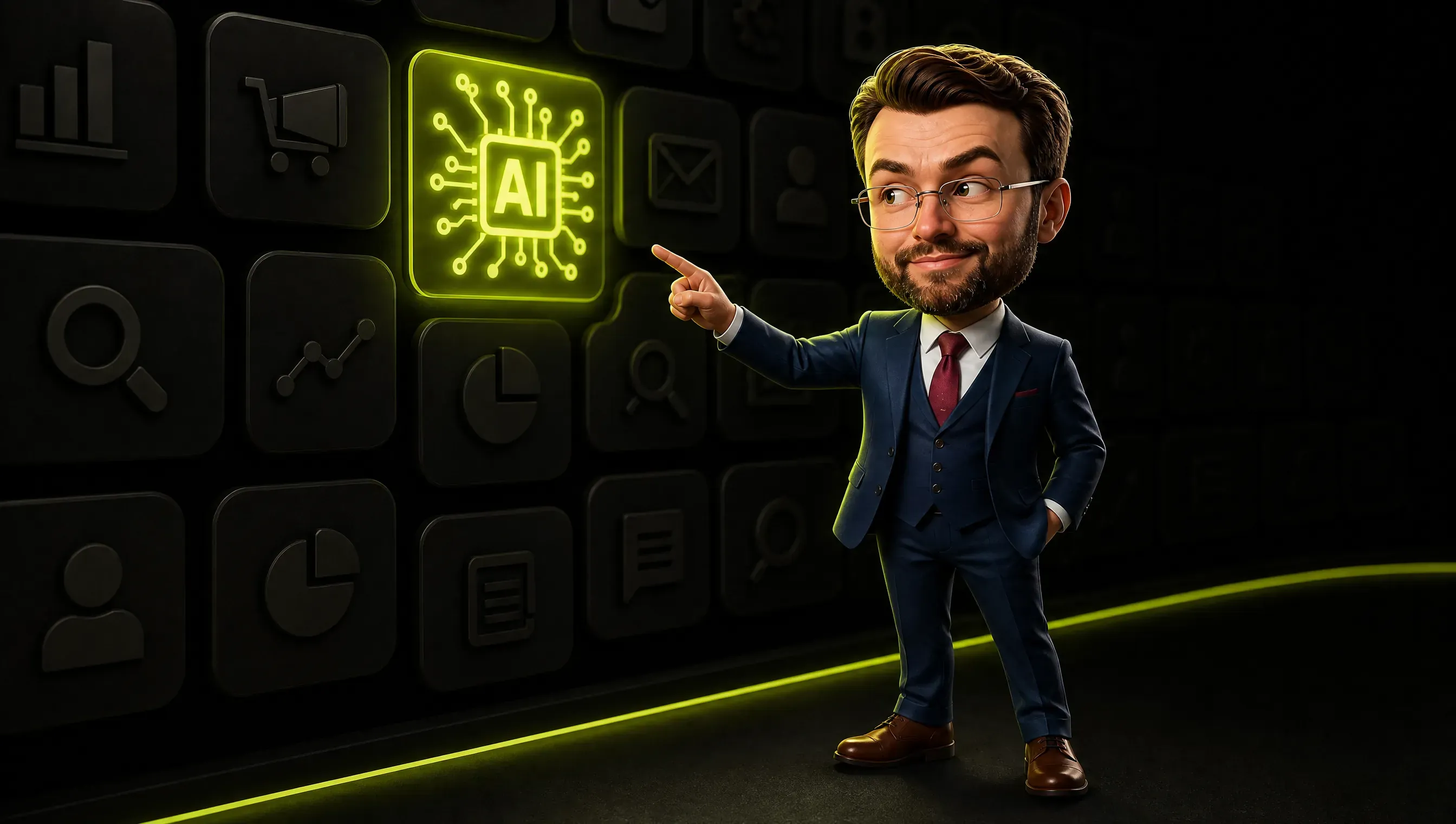 A dark wall of query tiles, almost all unlit, one single tile lighting up with a lime AI panel while the small clay figure notices it from afar: the open window where the others stop looking