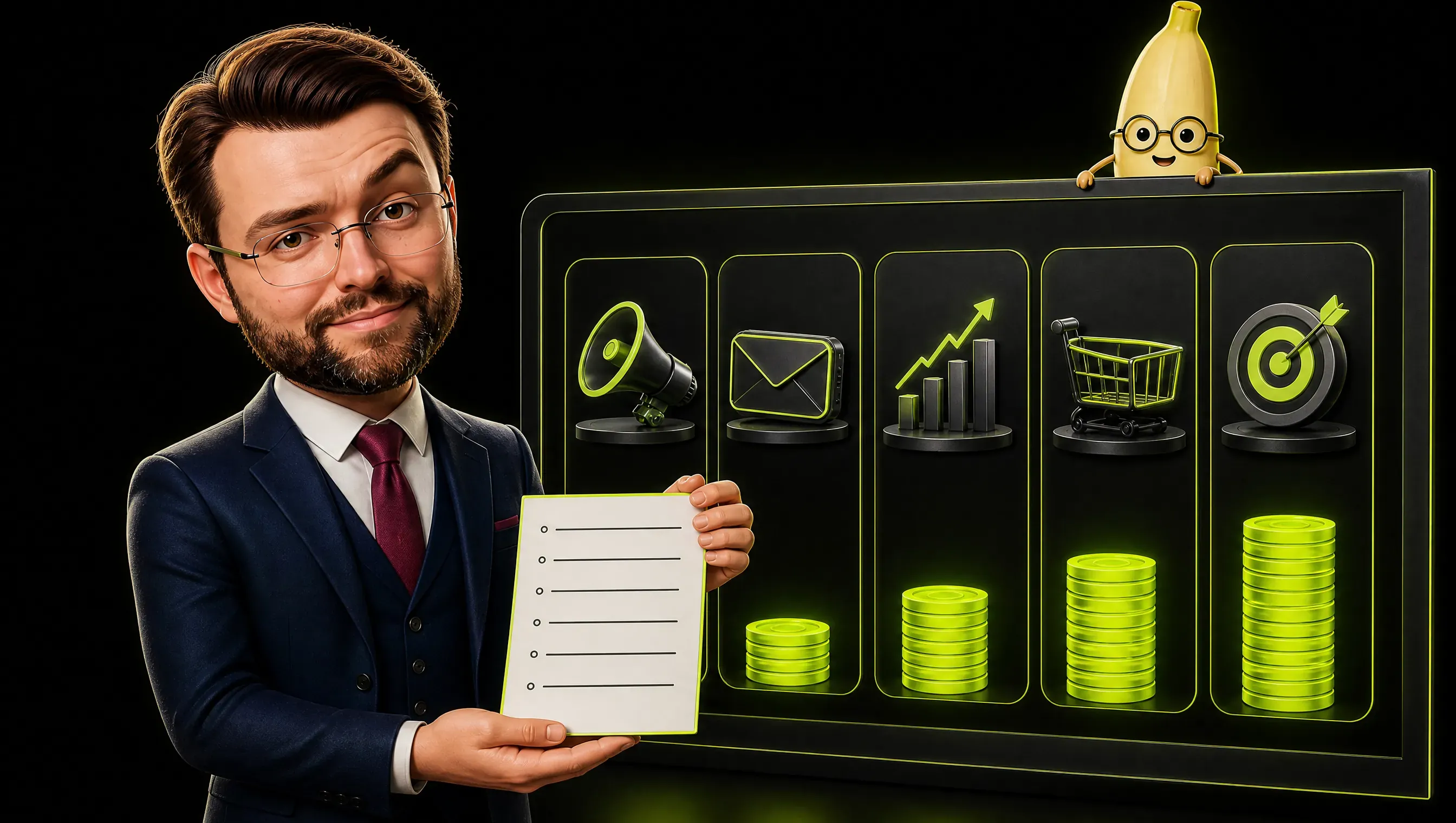 A marketer holding a printed credit price list in front of a screen with five rounded image-model panels, a stack of lime coins beside each panel, each stack taller than the last