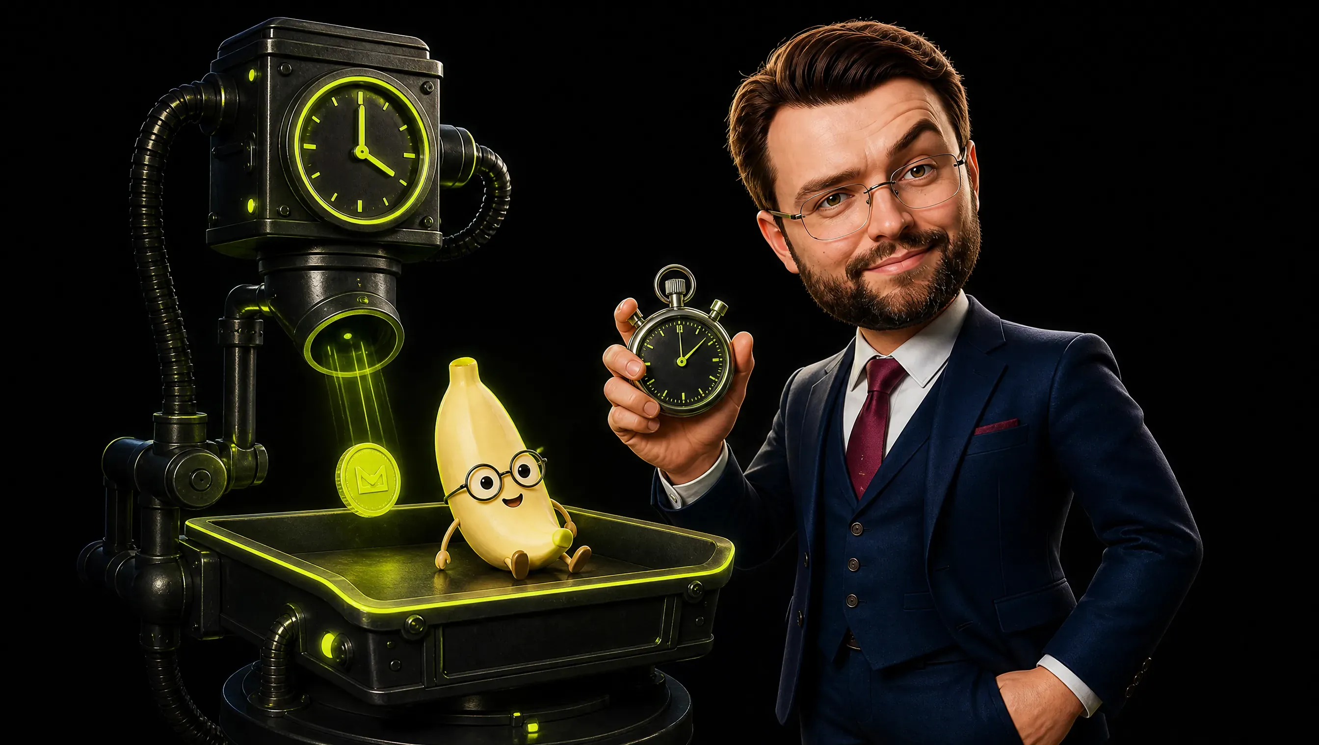 A small lime coin dropping from a daily dispenser into a tray that is emptied at midnight, with a marketer holding a stopwatch beside it