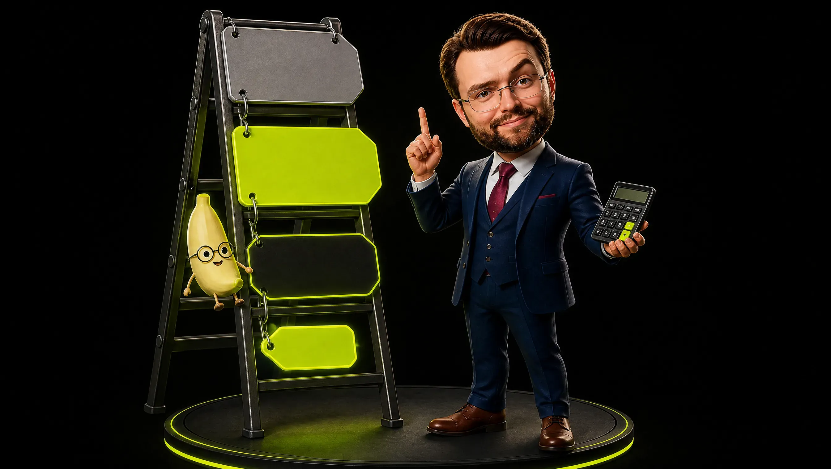 A marketer in front of four glowing price tags on a ladder, from a tiny lime tag at the bottom to a heavy grey one at the top, holding a calculator