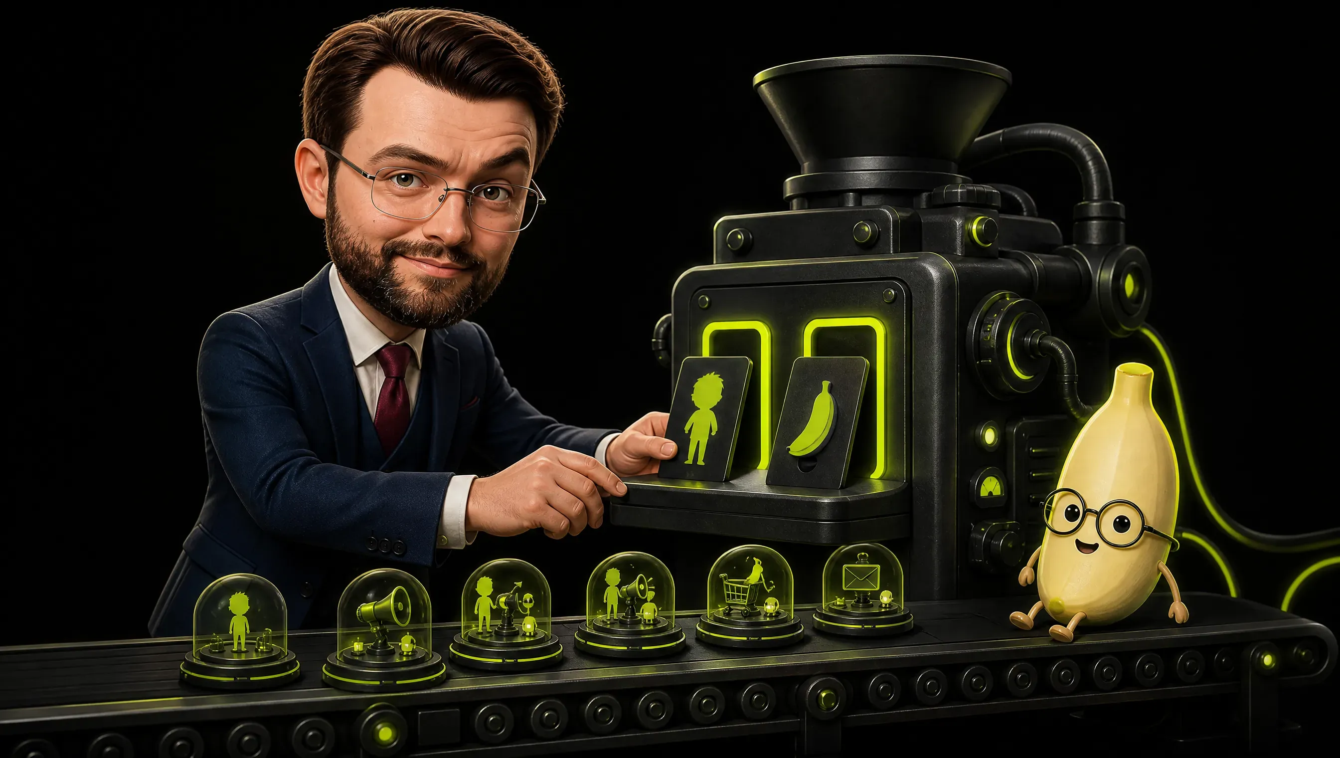 A marketer sliding two small reference cards, a character and a mascot, into slots on a machine that outputs a row of matching scenes