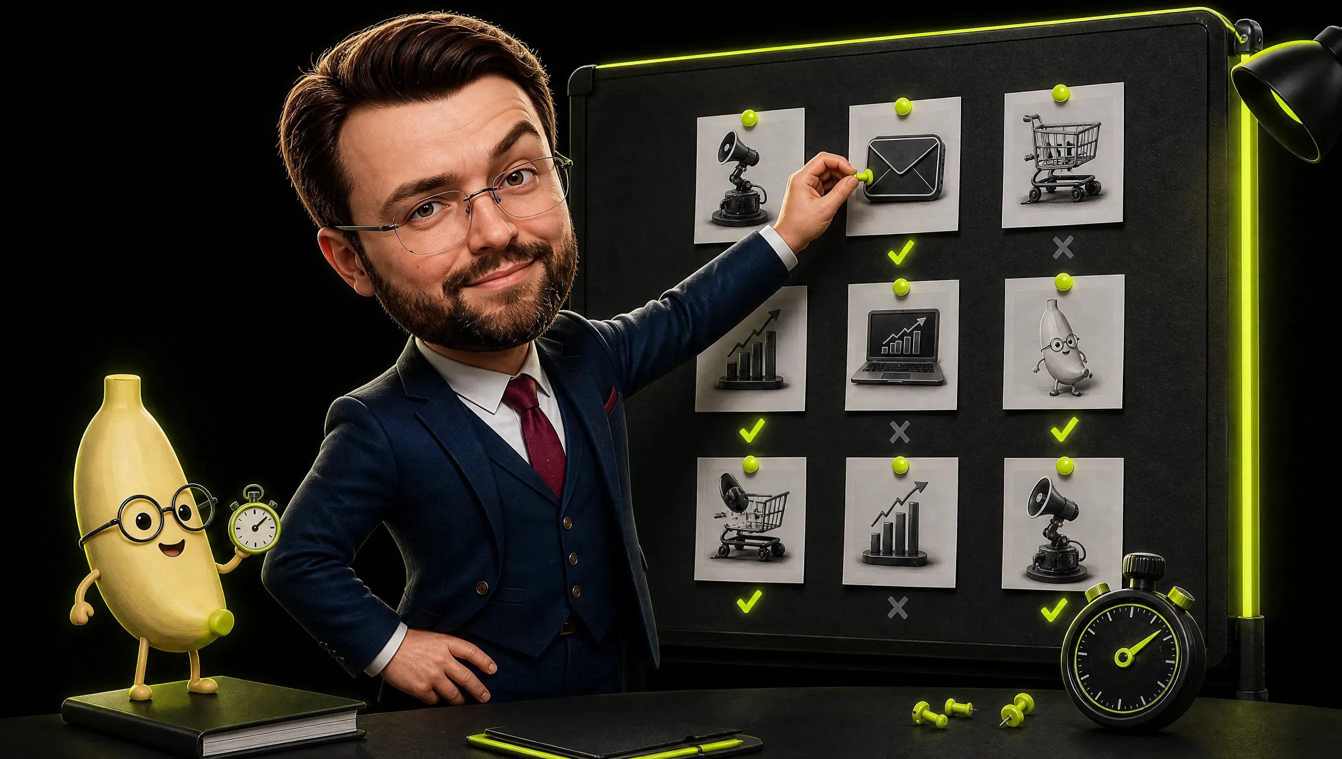 A marketer pinning nine small test images to a dark board, three rows of three, with lime ticks and grey crosses under them, a stopwatch on the table