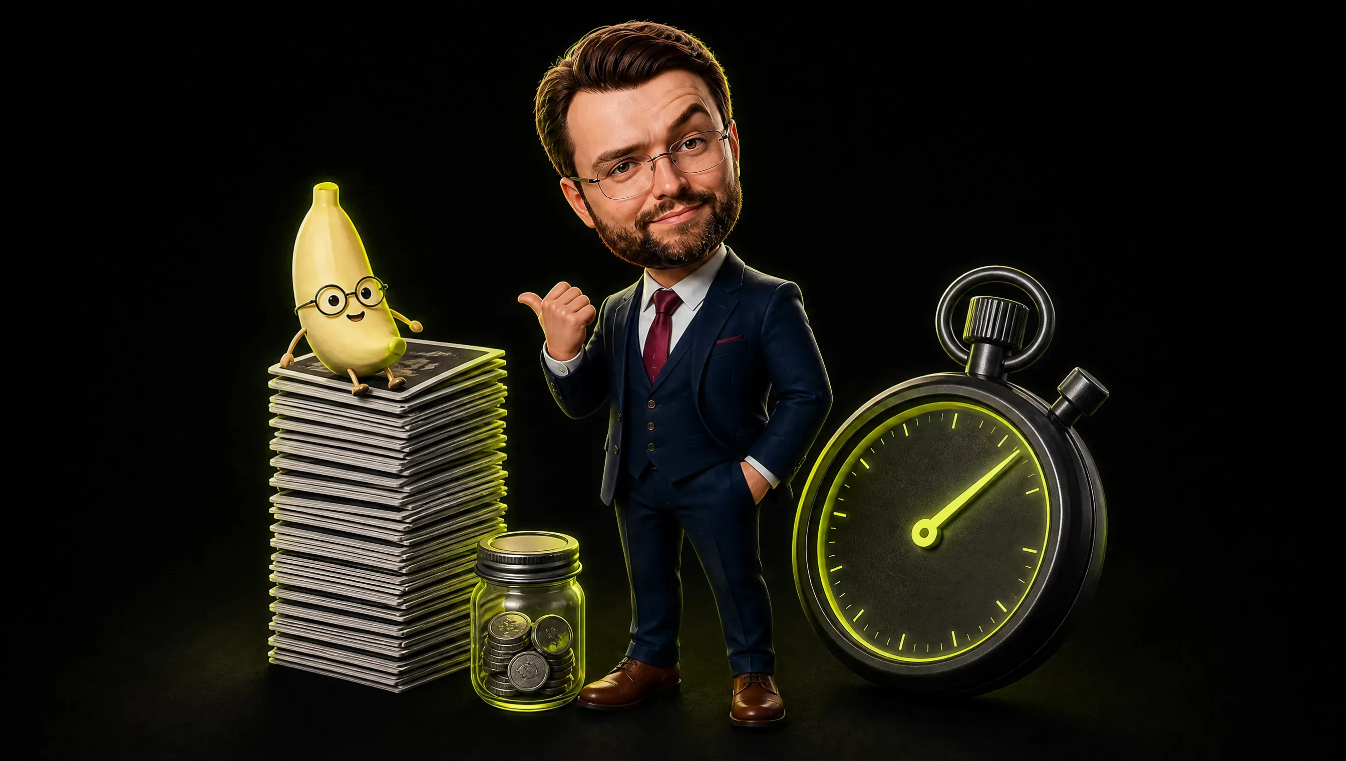 A marketer standing next to a tall stack of 350 small image cards beside a tiny coin jar and an oversized stopwatch, the stopwatch much bigger than the jar