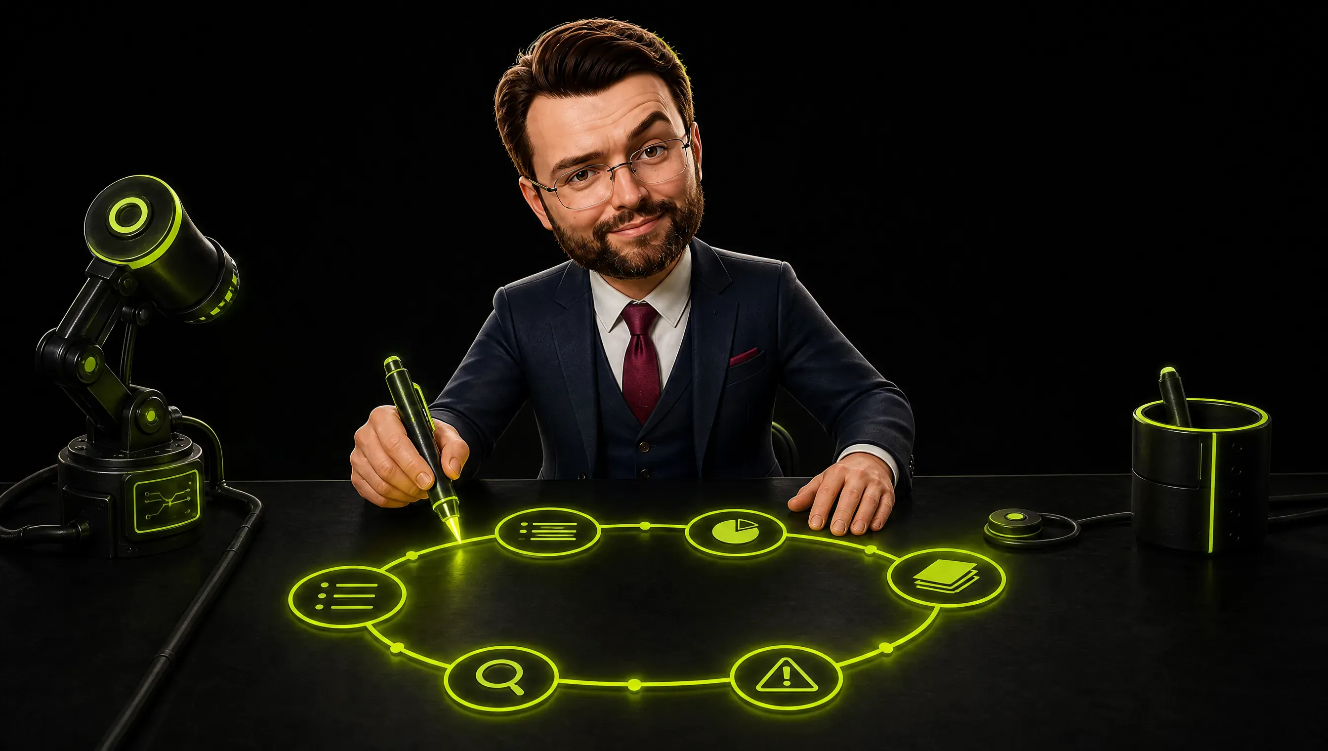 A loop diagram drawn as a glowing lime circuit on a dark workbench, seven nodes in a circle, each node a small icon for a step: a list, a paragraph, a single slice, stacked files, an error readout, a test shield, and a magnifying glass