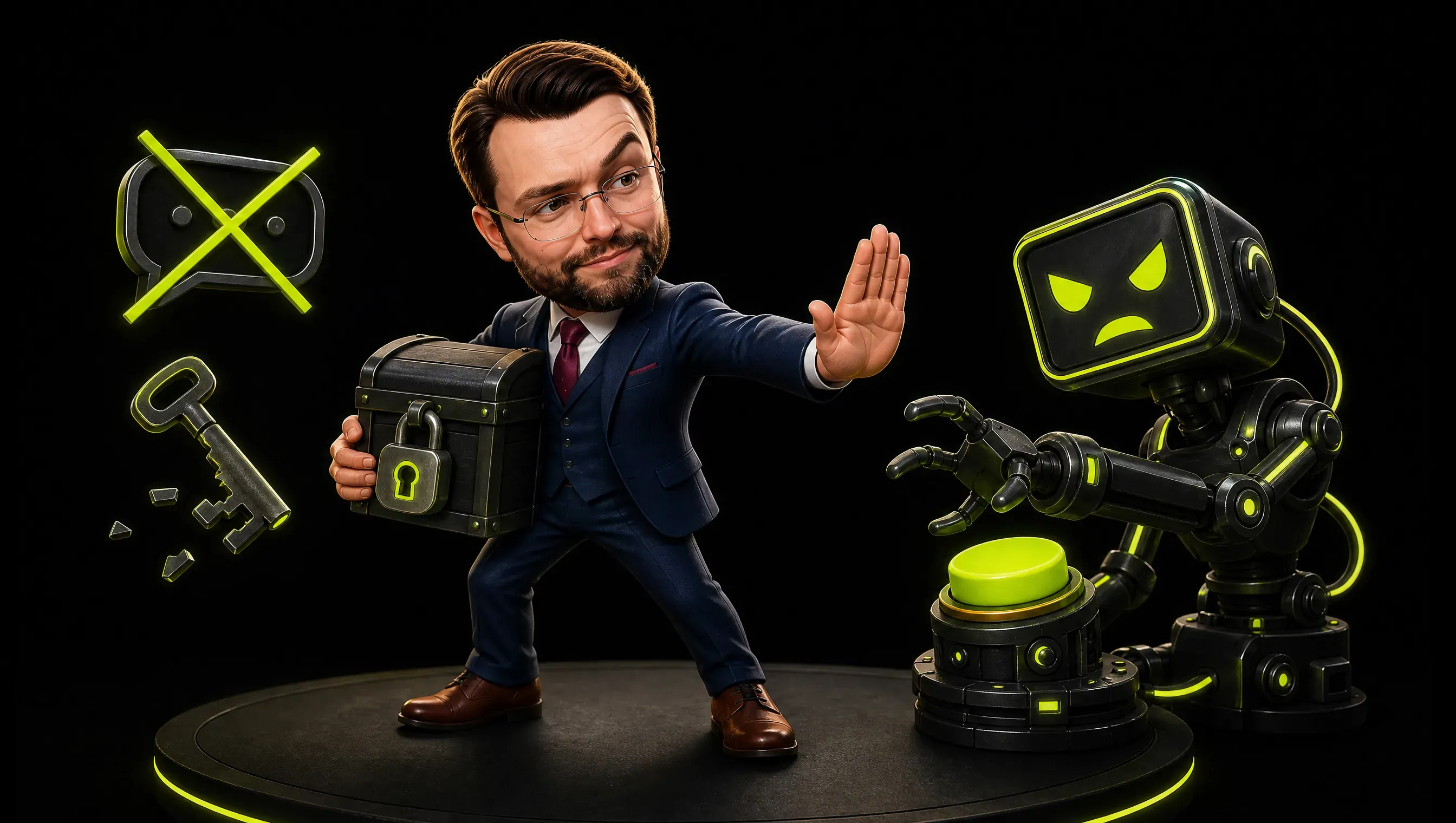 A marketer holding a padlocked chest closed with one hand while the other makes a firm stop gesture toward a robot reaching for a lime button, a torn key and a crossed-out chat bubble nearby