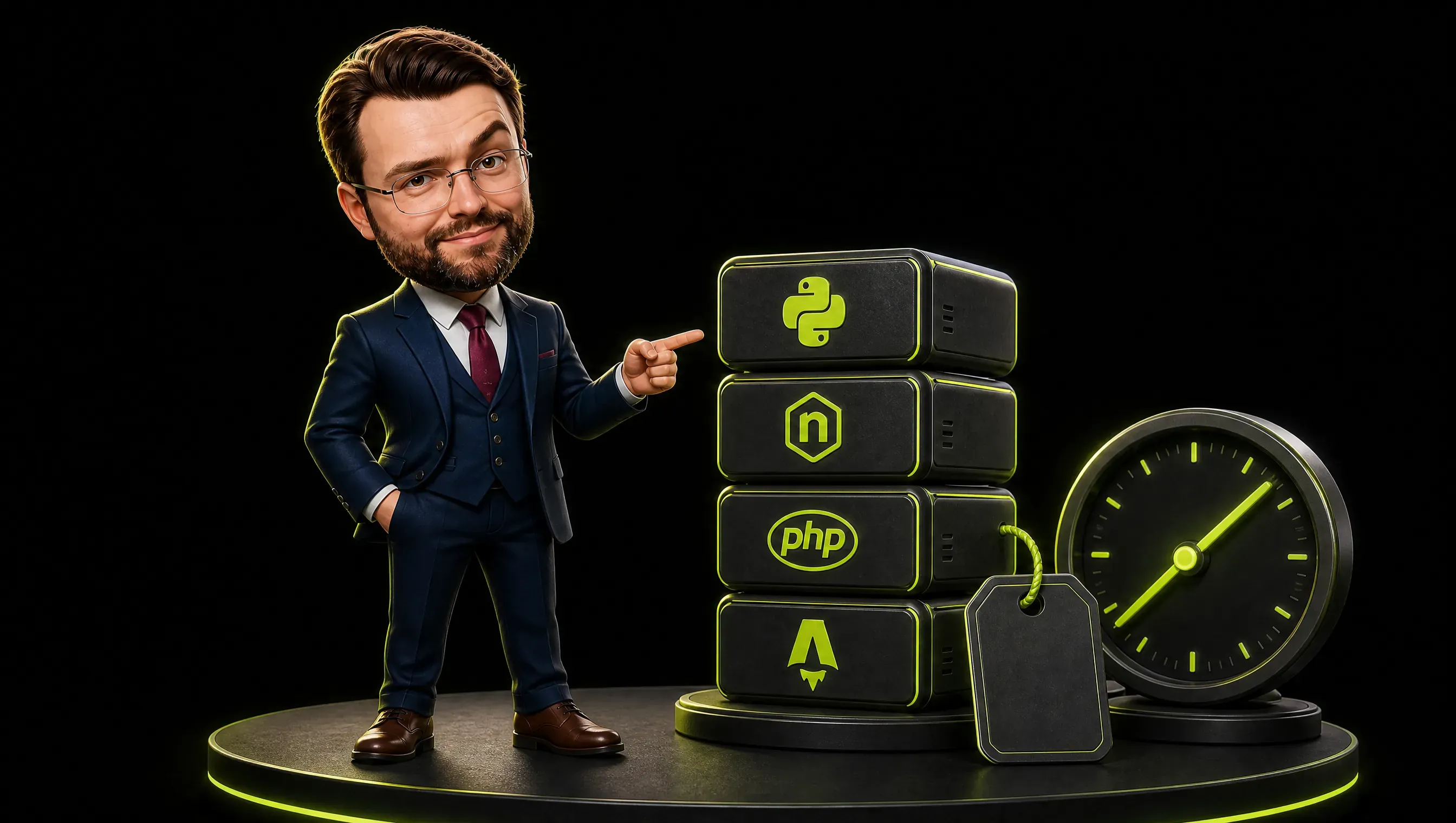 A tidy stack of dark modules with hairline lime edges labeled Python, Node, PHP, and Astro, a small price tag beside them and a clock showing that the real cost is review time