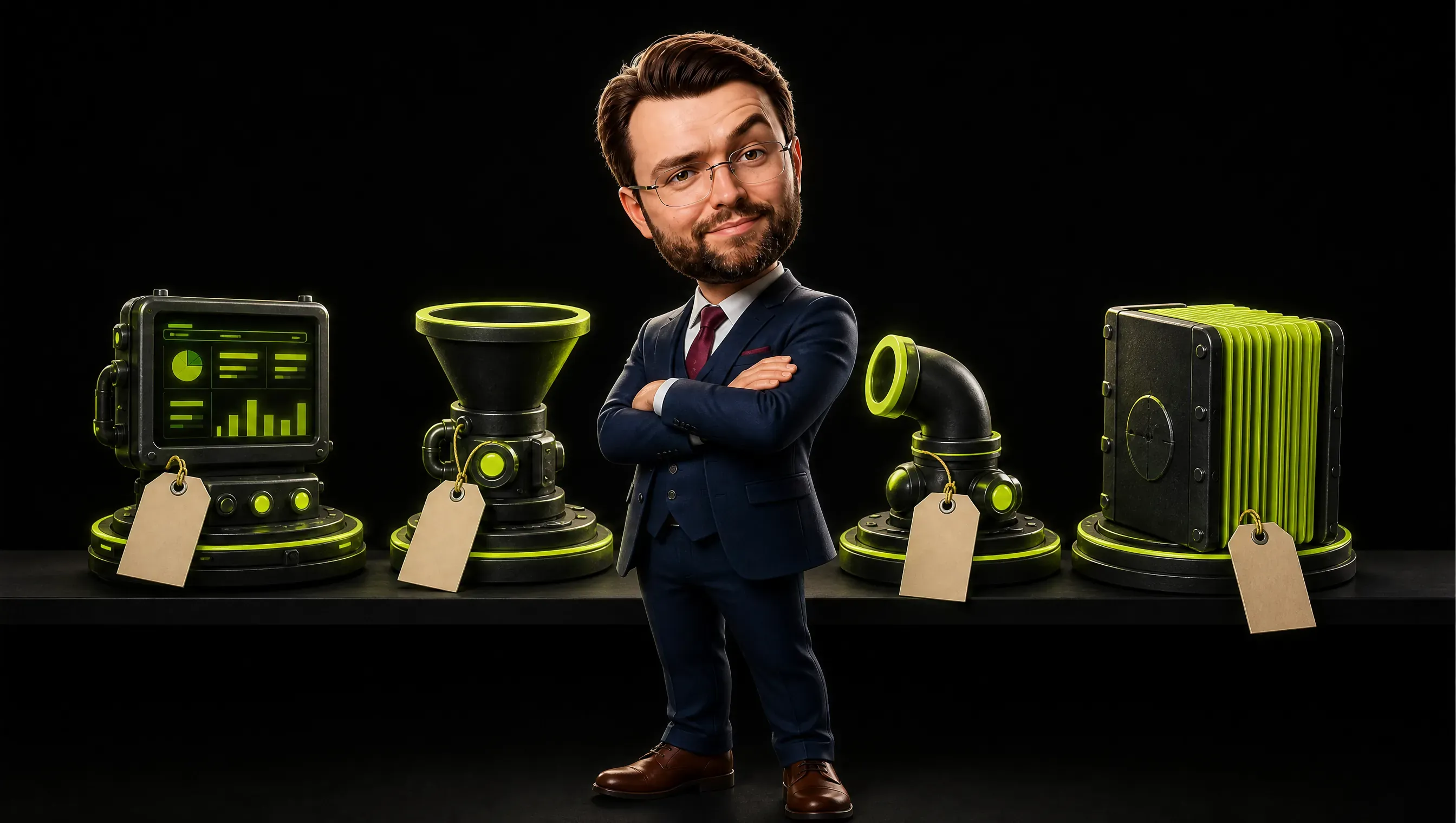 Four small lime-tinged machines on a dark shelf, each with a plain handwritten tag: a task dashboard, a lead funnel, an RSS pipe feeding clean pages, and a thick directory of pages