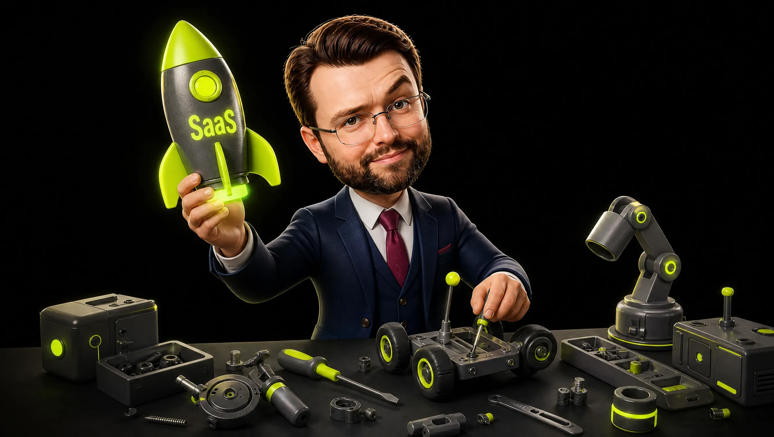 A vendor holding up a glowing toy rocket labeled SaaS while the marketer in the foreground calmly builds a small internal tool from plain grey parts with lime accents