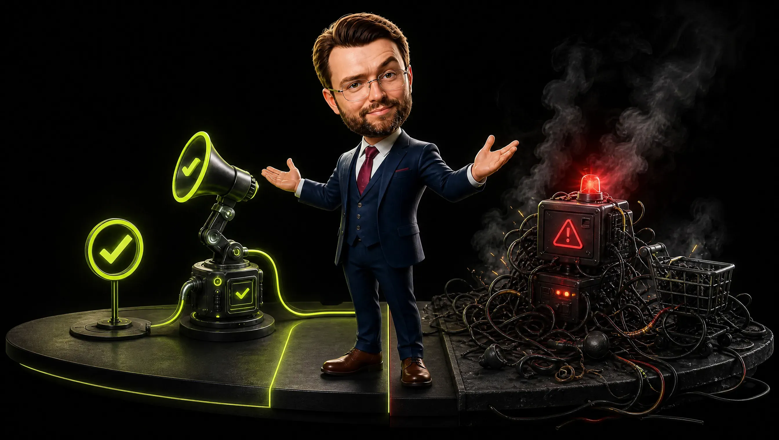 A split scene on a dark floor, a small clean tool running quietly with a green check on the left, a tangled mess of wires and smoke with a red warning light on the right, the marketer standing between them