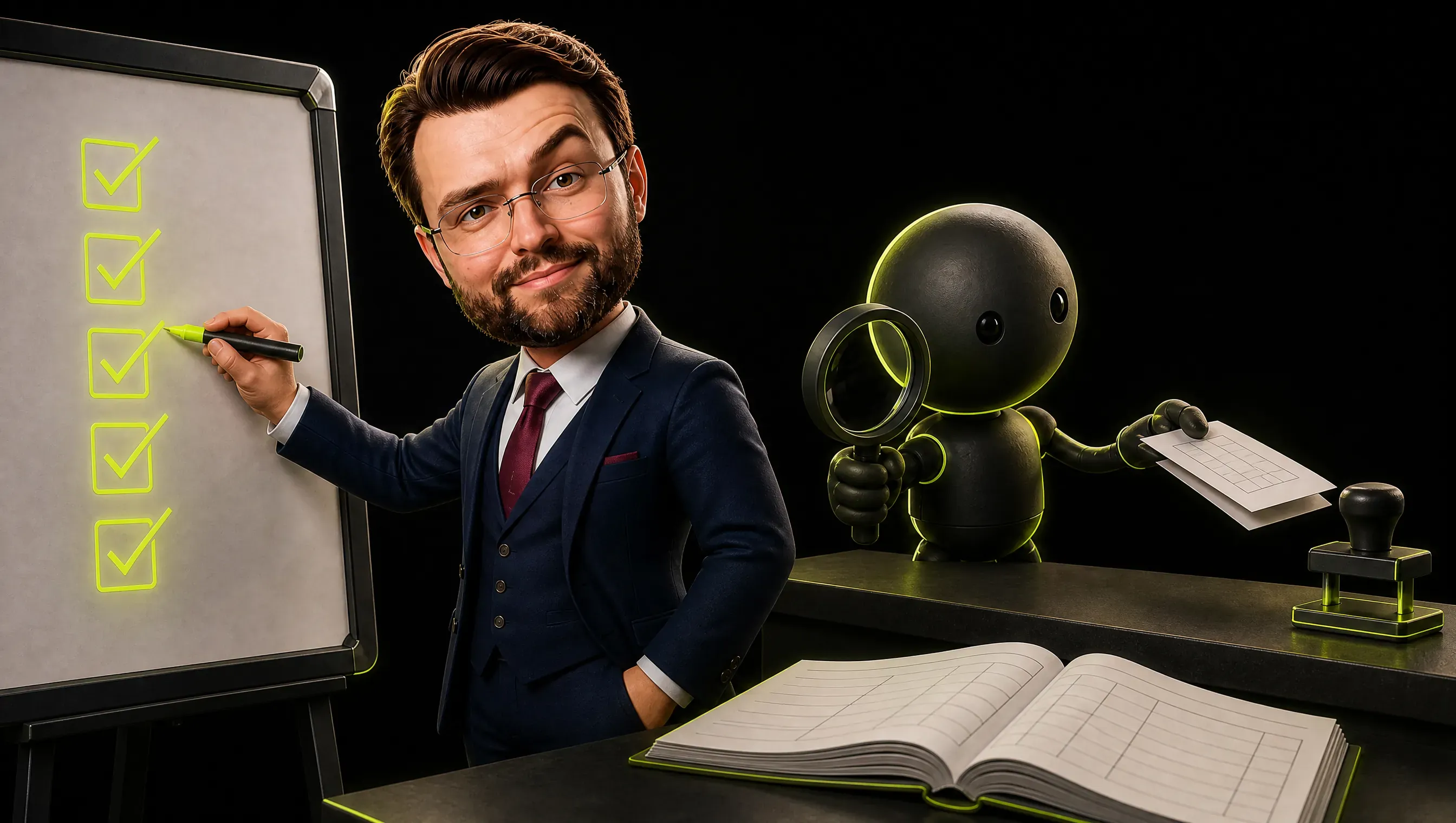 A marketer drawing five lime checkboxes on a whiteboard next to a ledger book with a date column, a robot passing sheets across a counter for stamping