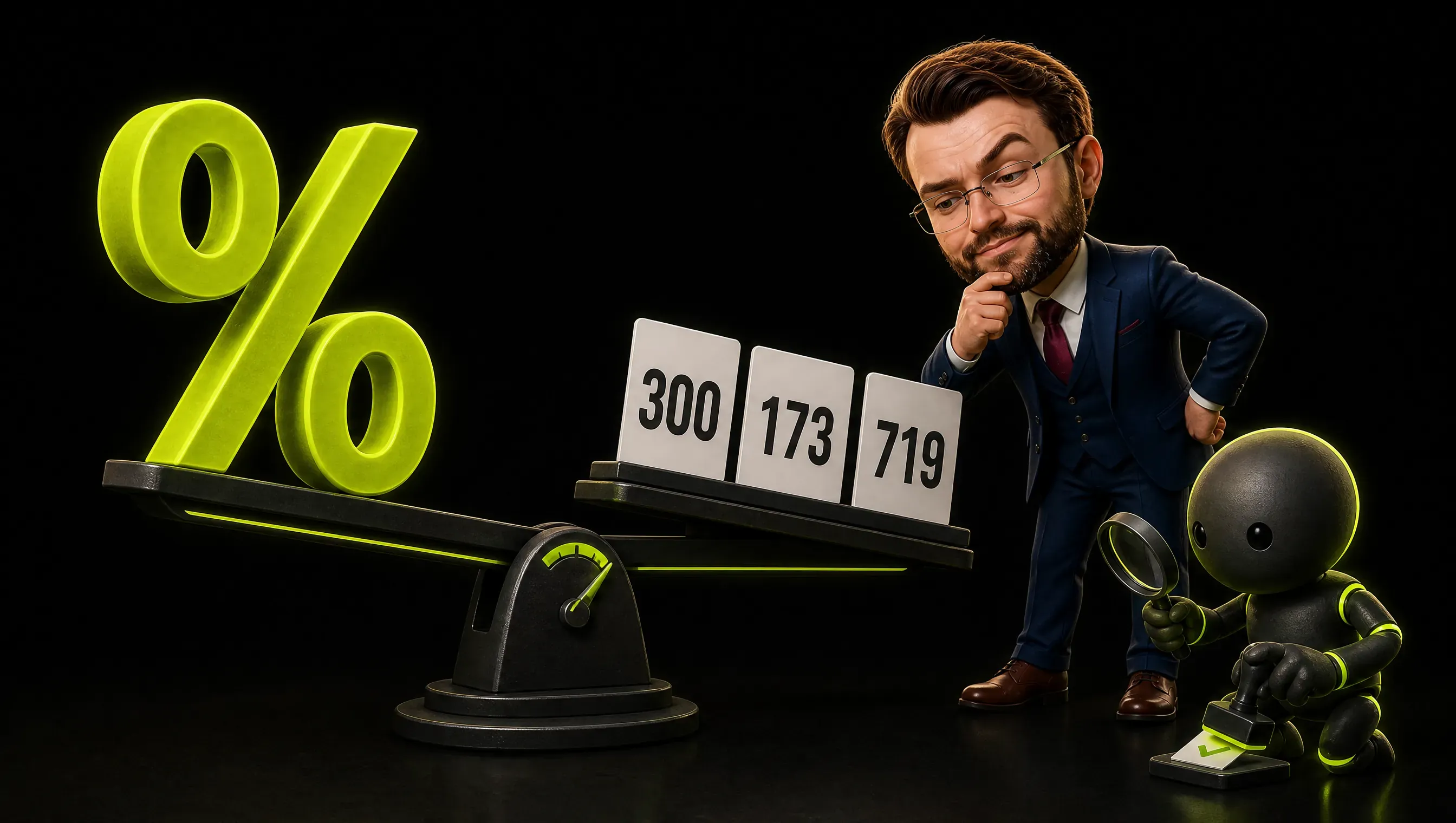 A giant lime percent sign balancing on a scale against three number cards reading 300, 173 and 719, a marketer squinting at the pointer