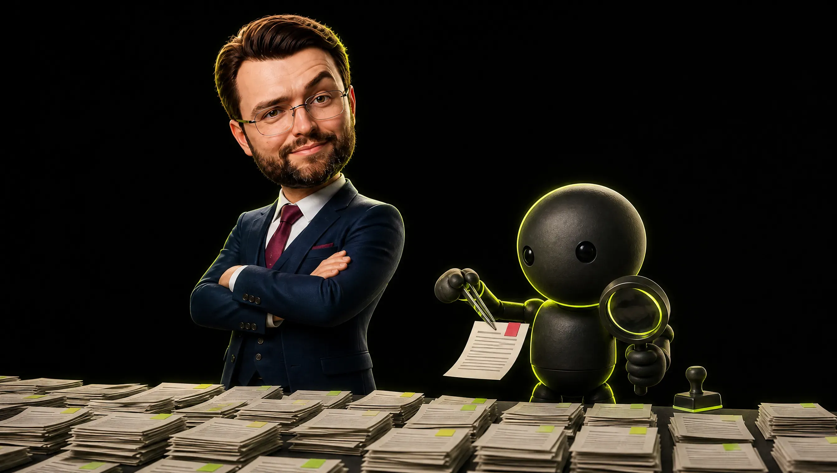 A marketer standing at a long lime-lit table covered with hundreds of small paper manuscripts, one red-tagged sheet being lifted out by a robot with tweezers