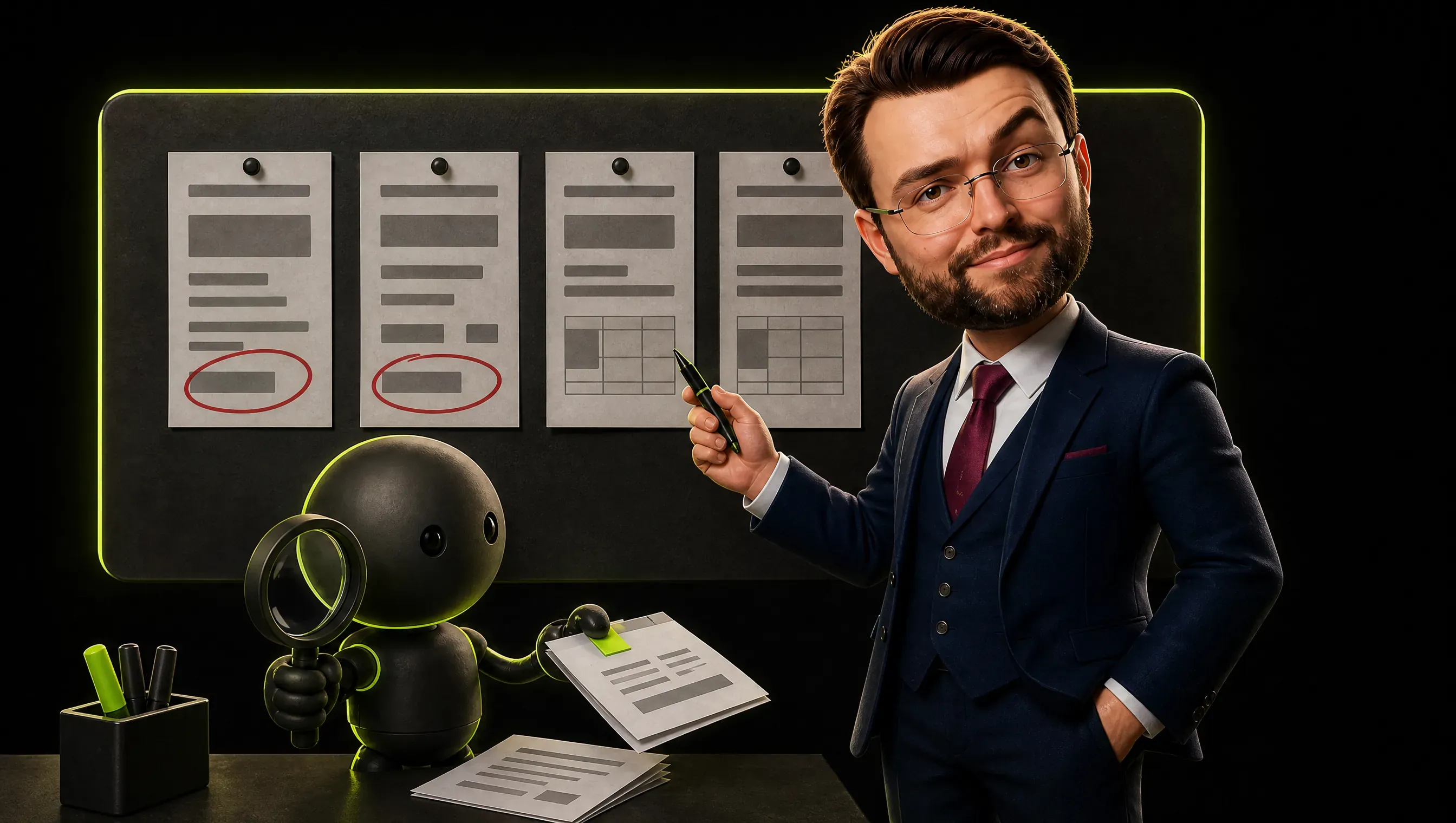 Four pinned competitor price pages on a dark board, two prices circled in red, a robot holding a printout beside a marketer with a pen