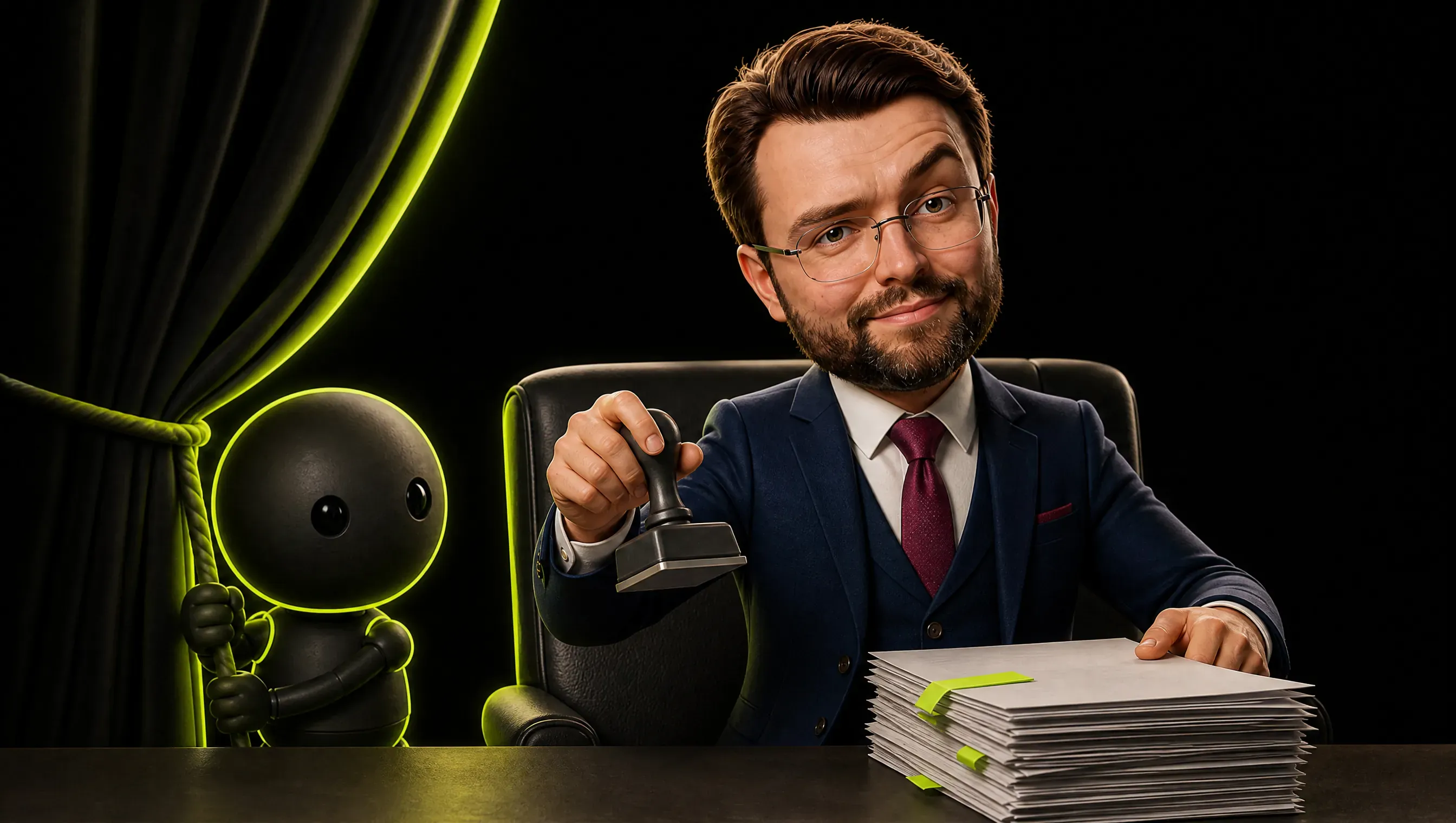 A stage curtain half open on a reviewer's chair, a marketer holding a rubber stamp over a stack of unread printouts, a small robot behind the curtain pulling a rope