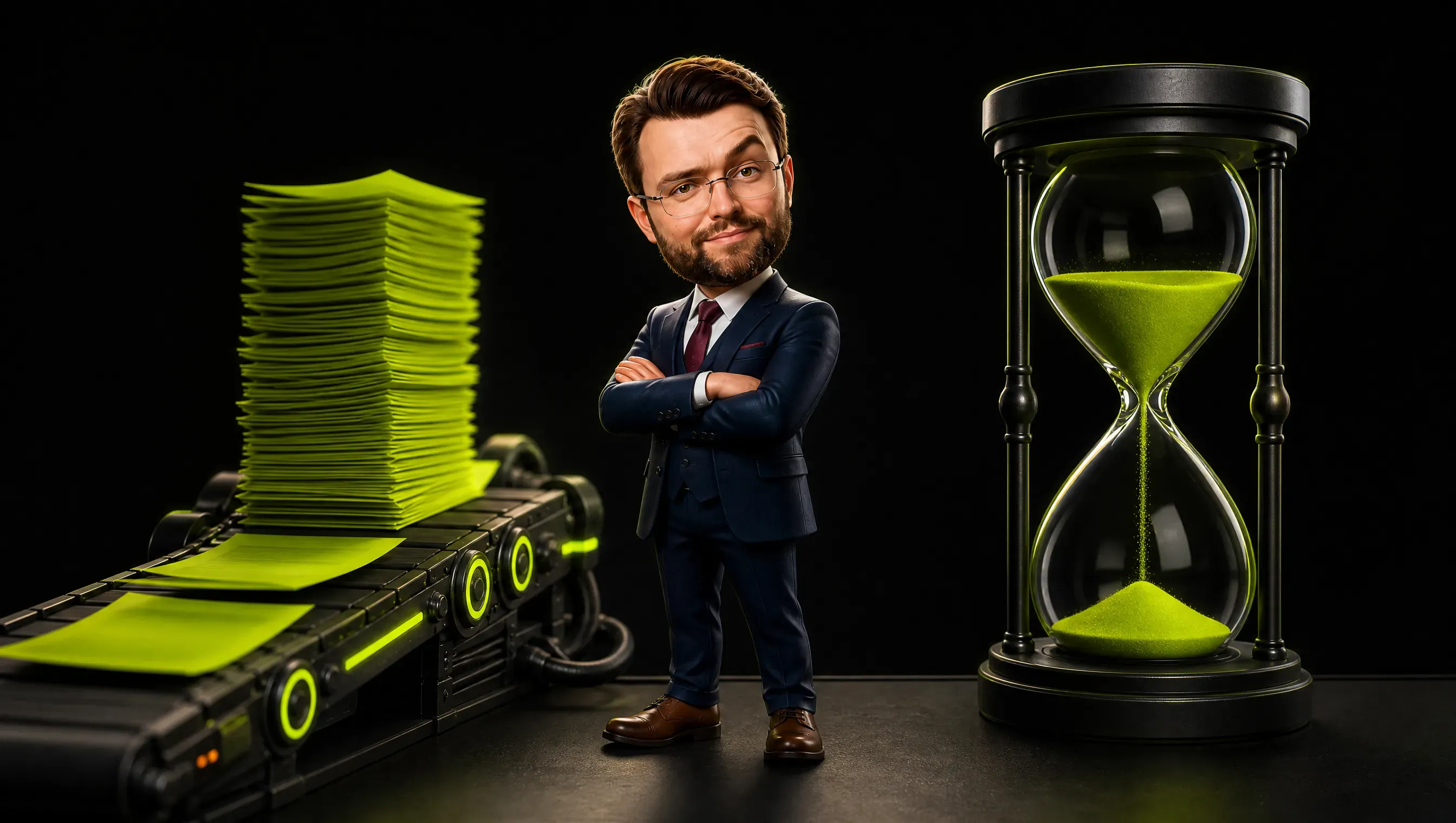 A dark workbench split in two: on the left a conveyor belt stacks a tall pile of thin sheets produced almost for free, on the right a single large hourglass with lime sand flows slowly, the two sides sharing one surface at contrasting scales