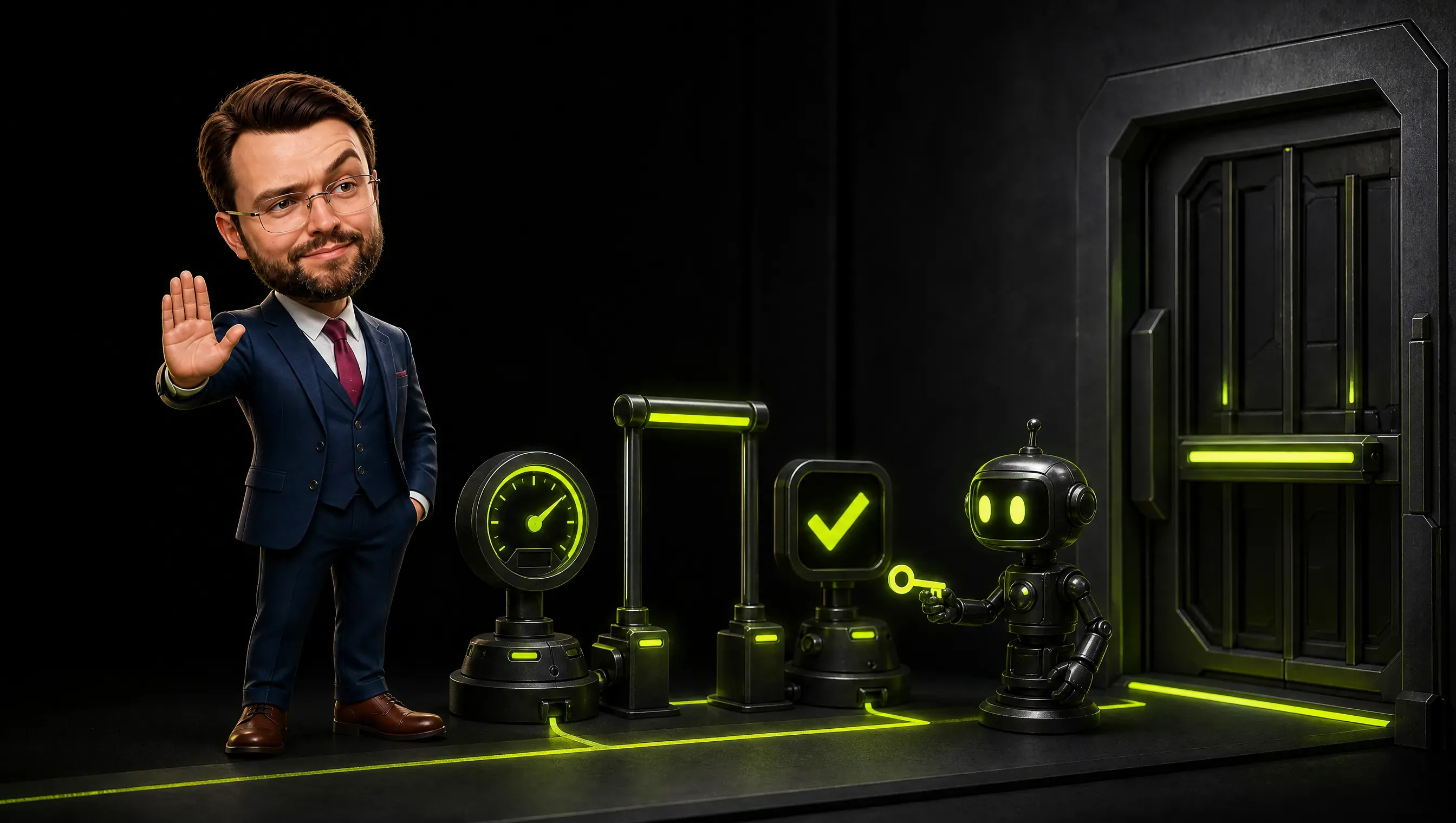 A dark gate on a panel with a threshold marked by a lime line, three checkpoints in a row before the gate (a pressure gauge, a ceiling bar, a checkmark), a robot handing over a key while the clay marketer waits with his hand raised in a stop gesture