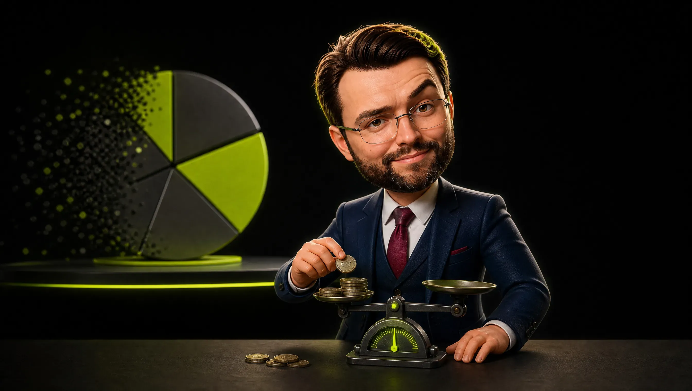 A paper pie chart with percentage slices dissolving into the dark at its edges sits on a shelf, while in the foreground the marketer weighs a few real coins on a small scale with a lime indicator needle