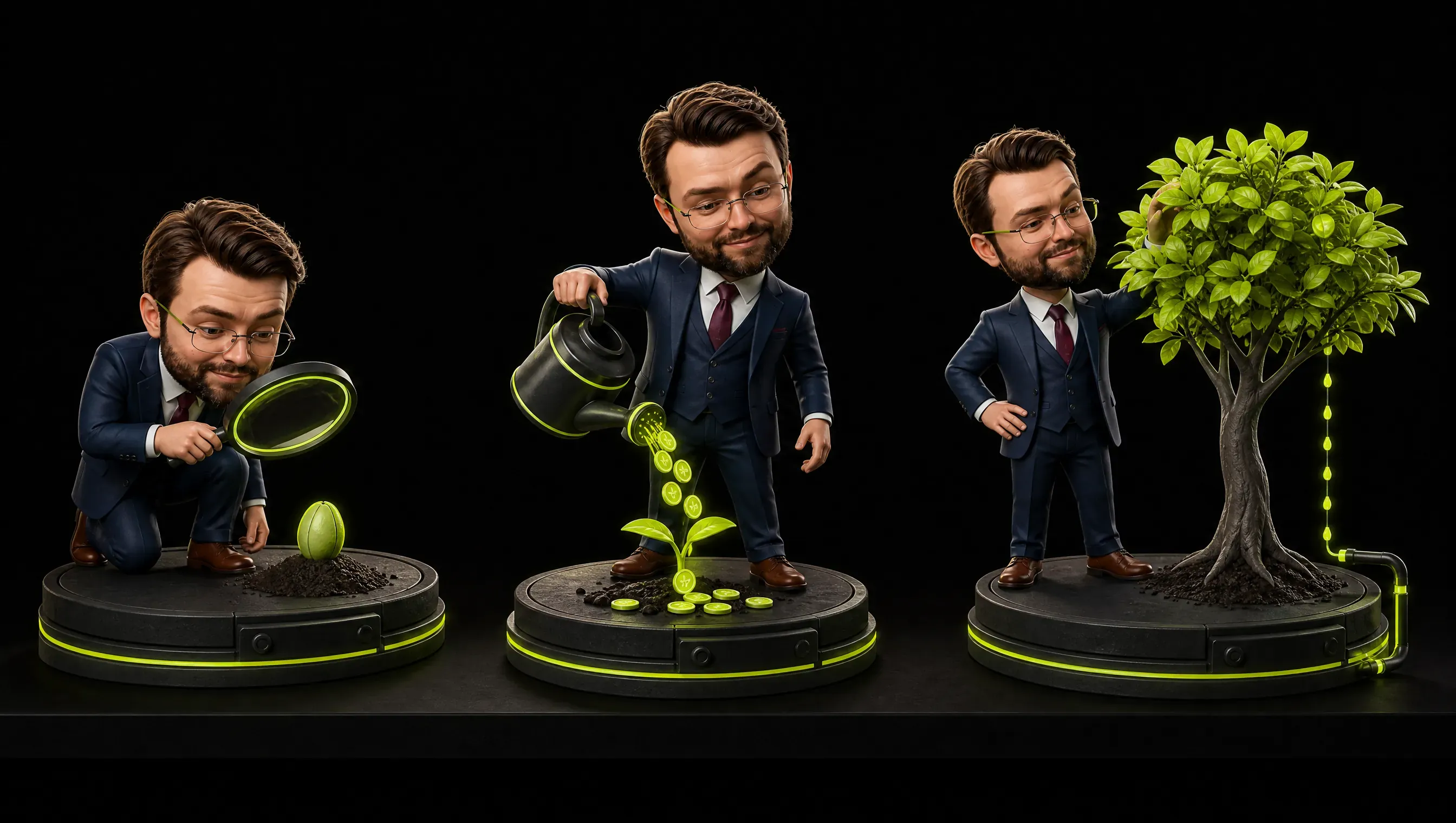 Three small clay dioramas in a row on a dark shelf: a seed under a magnifying lens, a sprout watered by a watering can pouring coins, and a mature tree with a thin lime line of steady drops