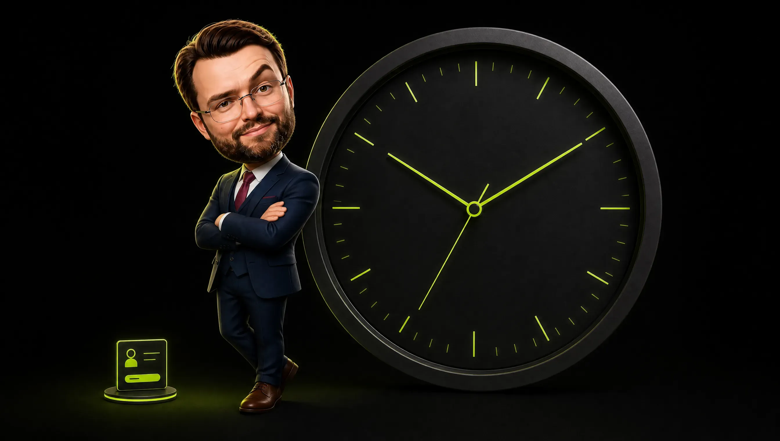 A visual weight imbalance: on one side a very small subscription card, on the other a large clock whose hands and tick marks are thin lime lines, the clock looming so large the card looks tiny beside it