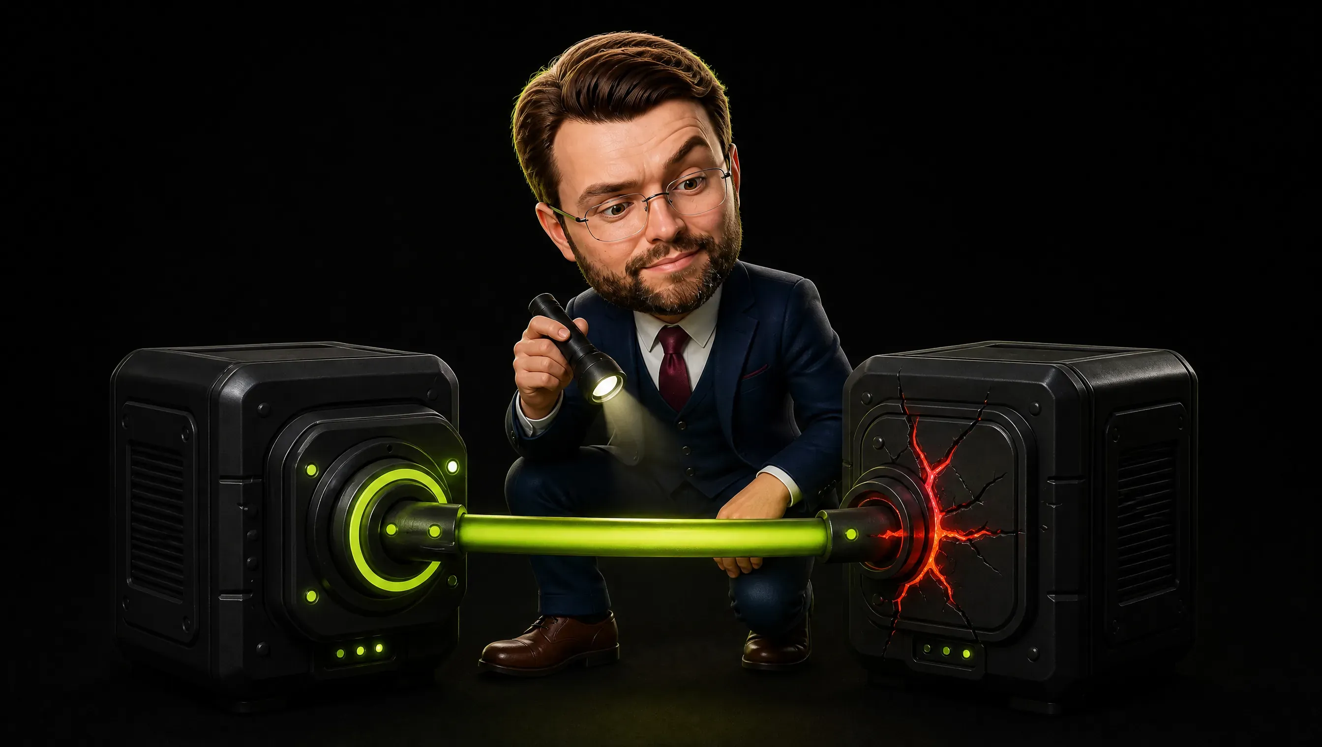Two dark square machines connected by a single glowing lime joint, the healthy joint on one side and a thin red crack spreading from the junction point on the other, while the clay marketer inspects the joint with a small flashlight