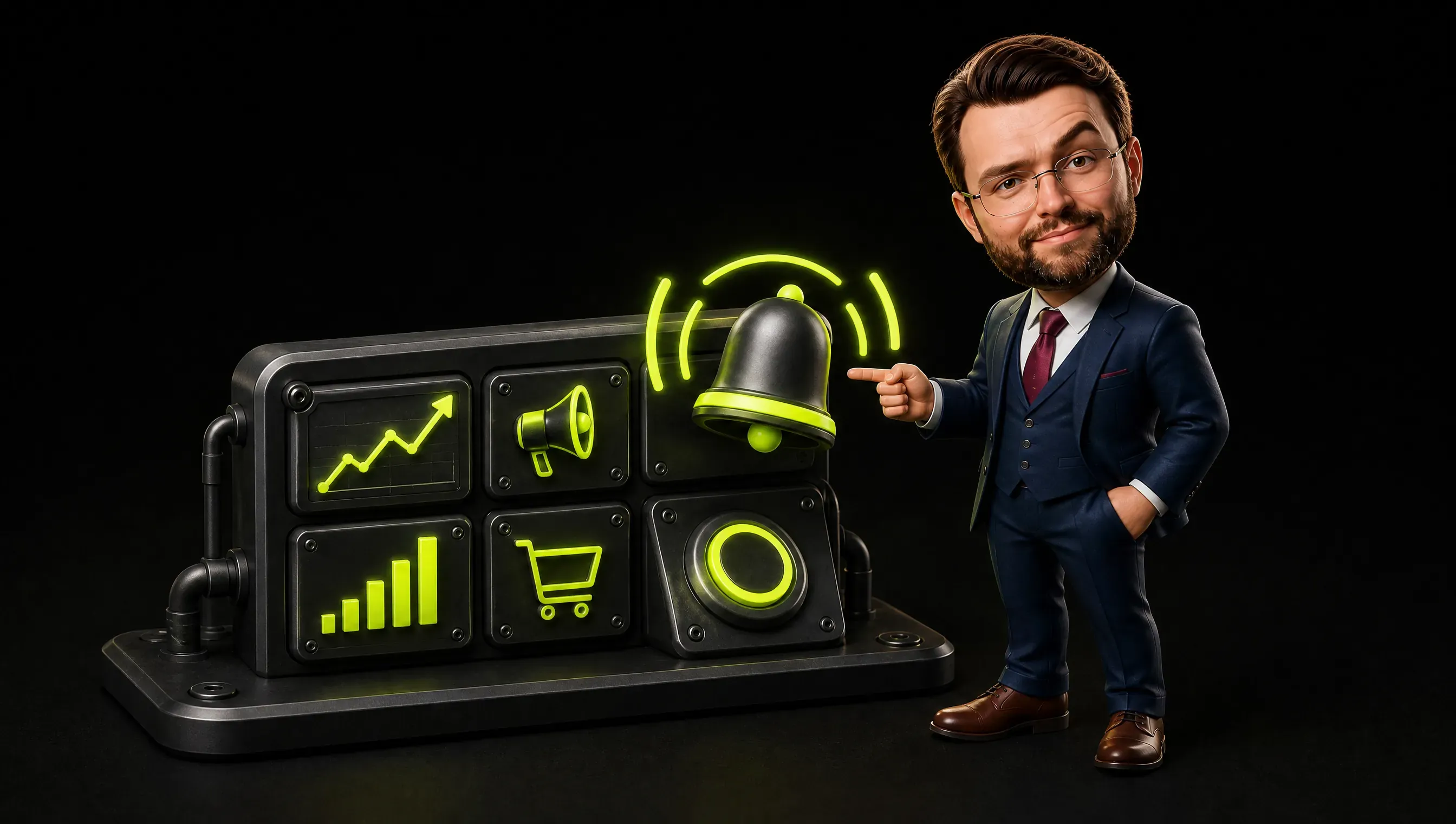 One compact dark dashboard with five small panels and a lime bell emitting a notification ring, a physical snooze button beside it, all built from simple parts with visible screws