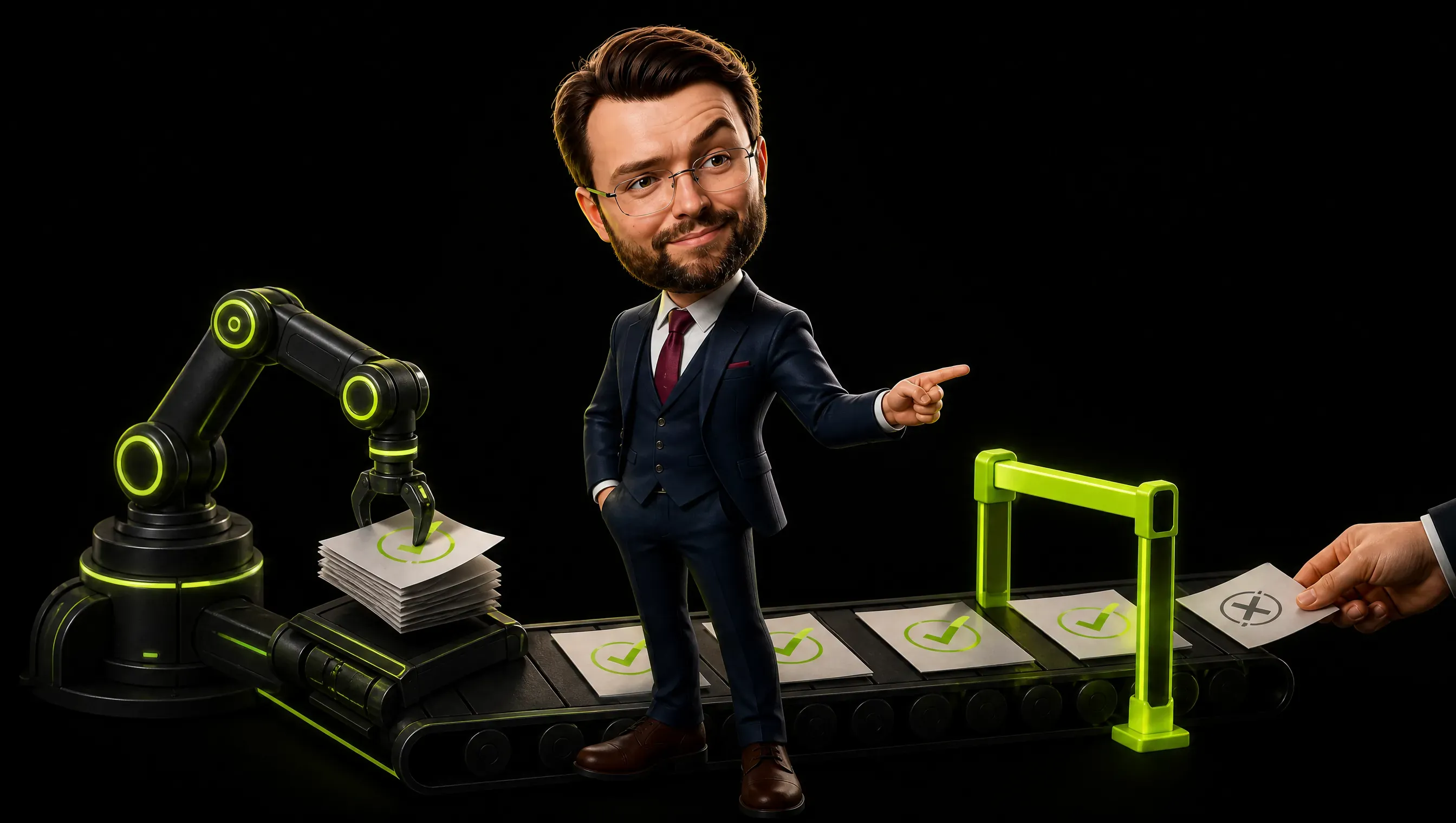 A dark conveyor belt where a small robotic arm stacks pages, while at the end a calm human hand holds a small lime gate: only the pages with a check mark pass under it, one is held back