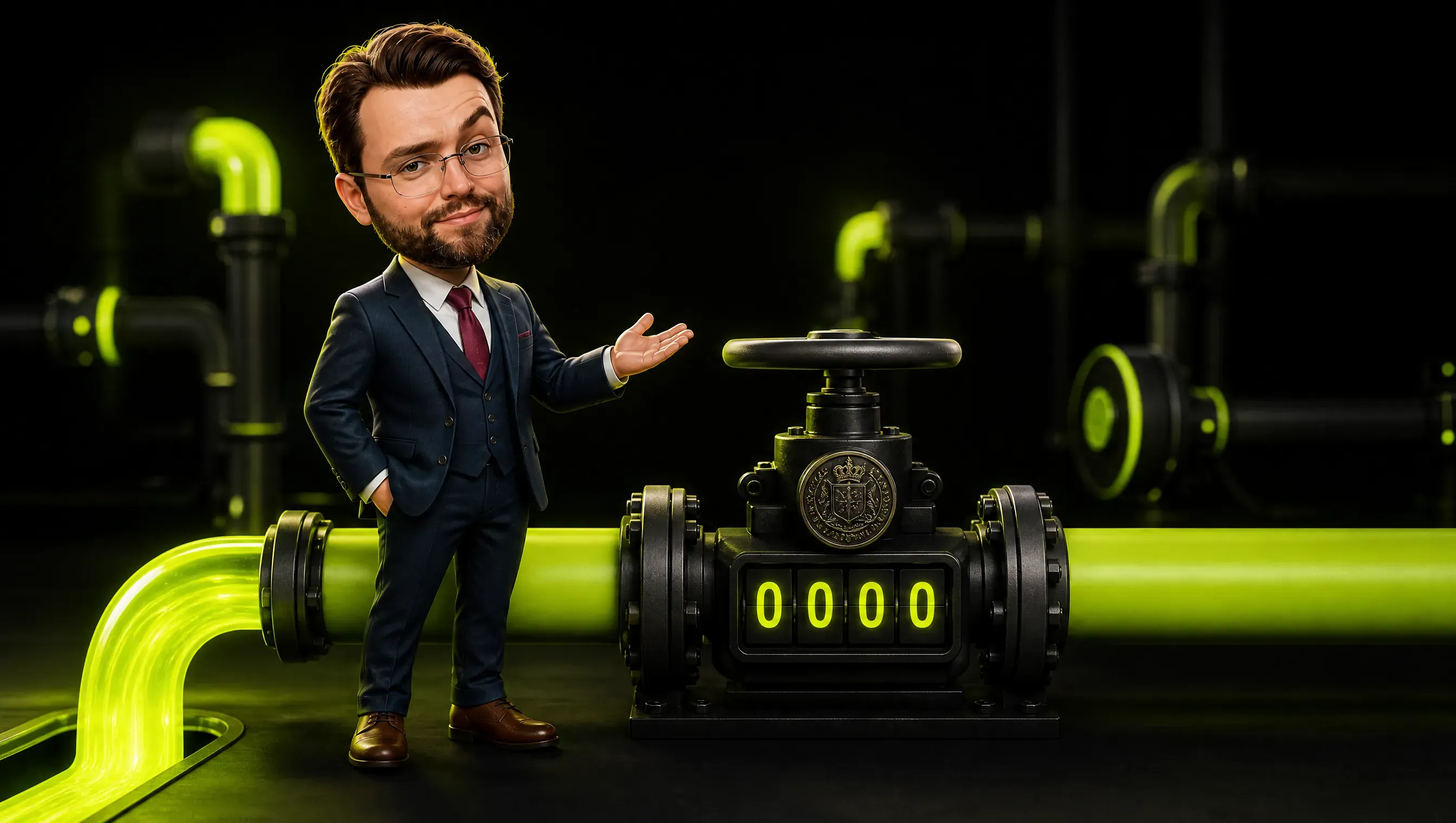 One large lime pipeline feeds a meter whose reading sits at zero because a valve in the middle is closed under a bureaucratic seal, while faint secondary pipelines glow in the background