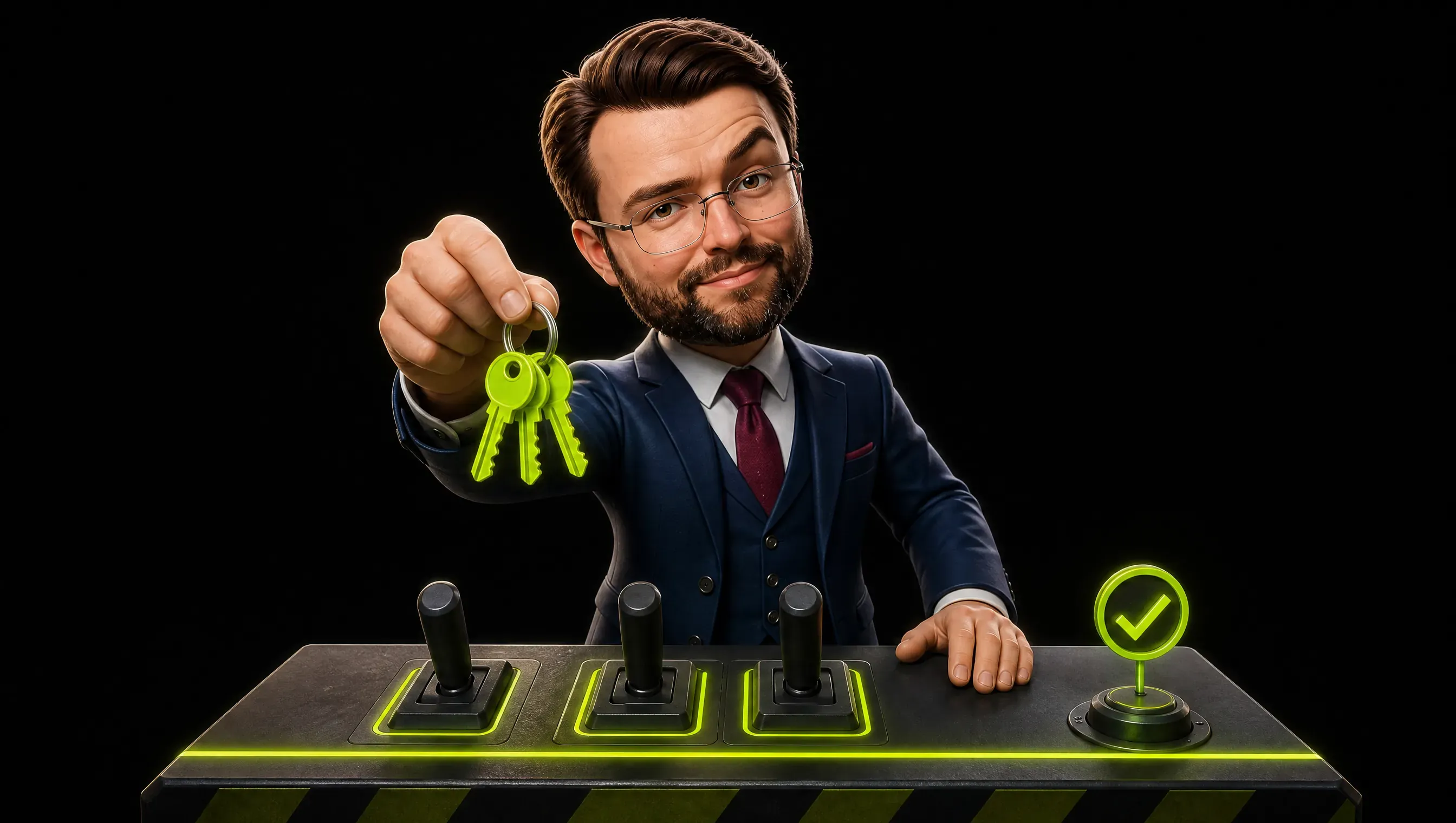 The marketer holds three lime keys in front of a control panel with three switches off and a threshold marked by a lime line, a small checkmark of consent attached to a go button