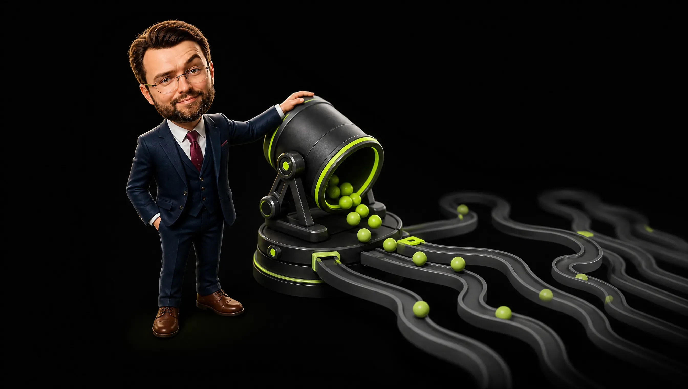 An overturned drum spills balls that roll along dark tracks; each starting track is marked with a lime notch, and the arrival tracks are grey and indistinct