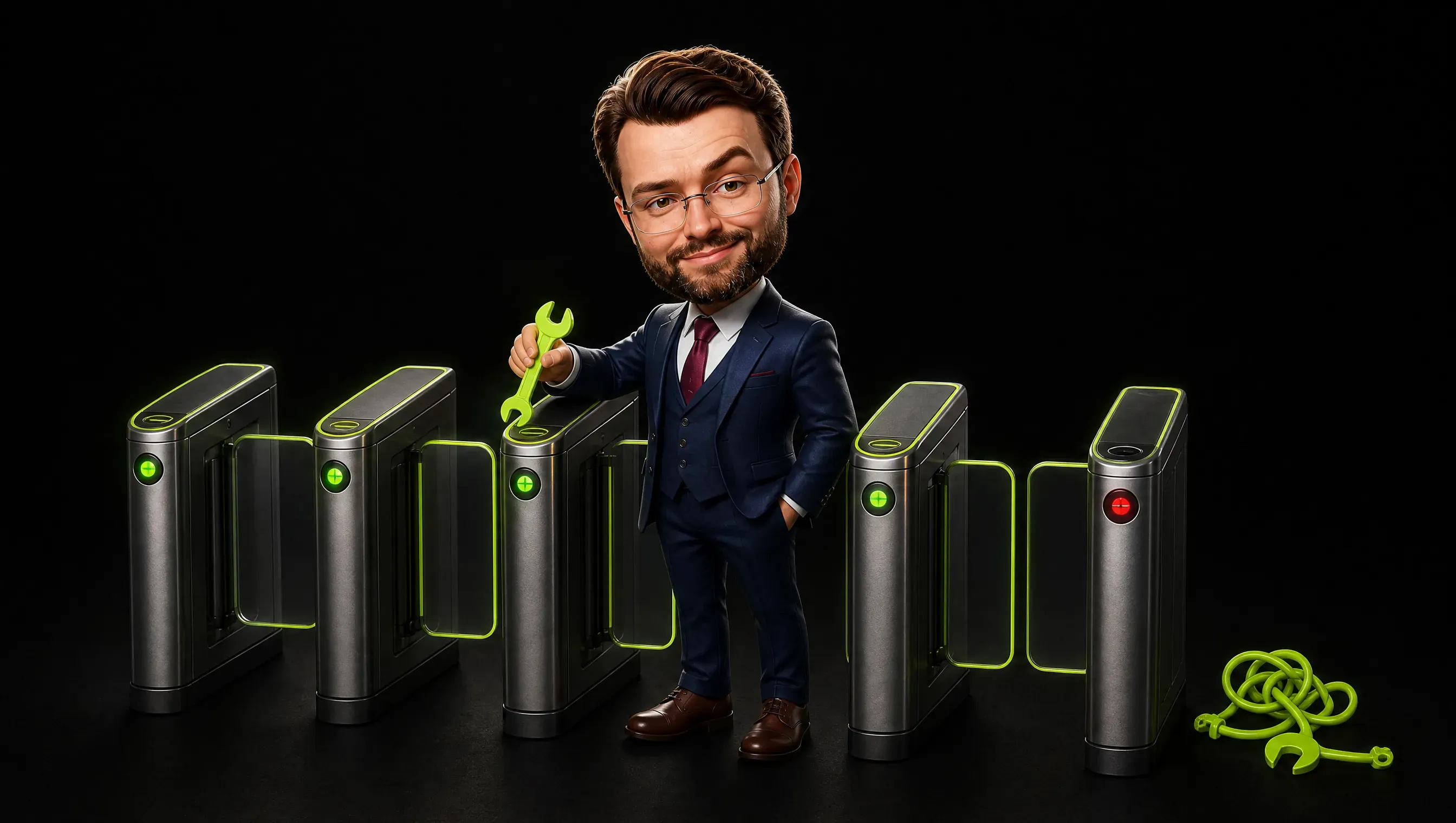 The marketer passes four small lime tools through a turnstile with little gates, each gate has a control light, and one tangled tool stays outside