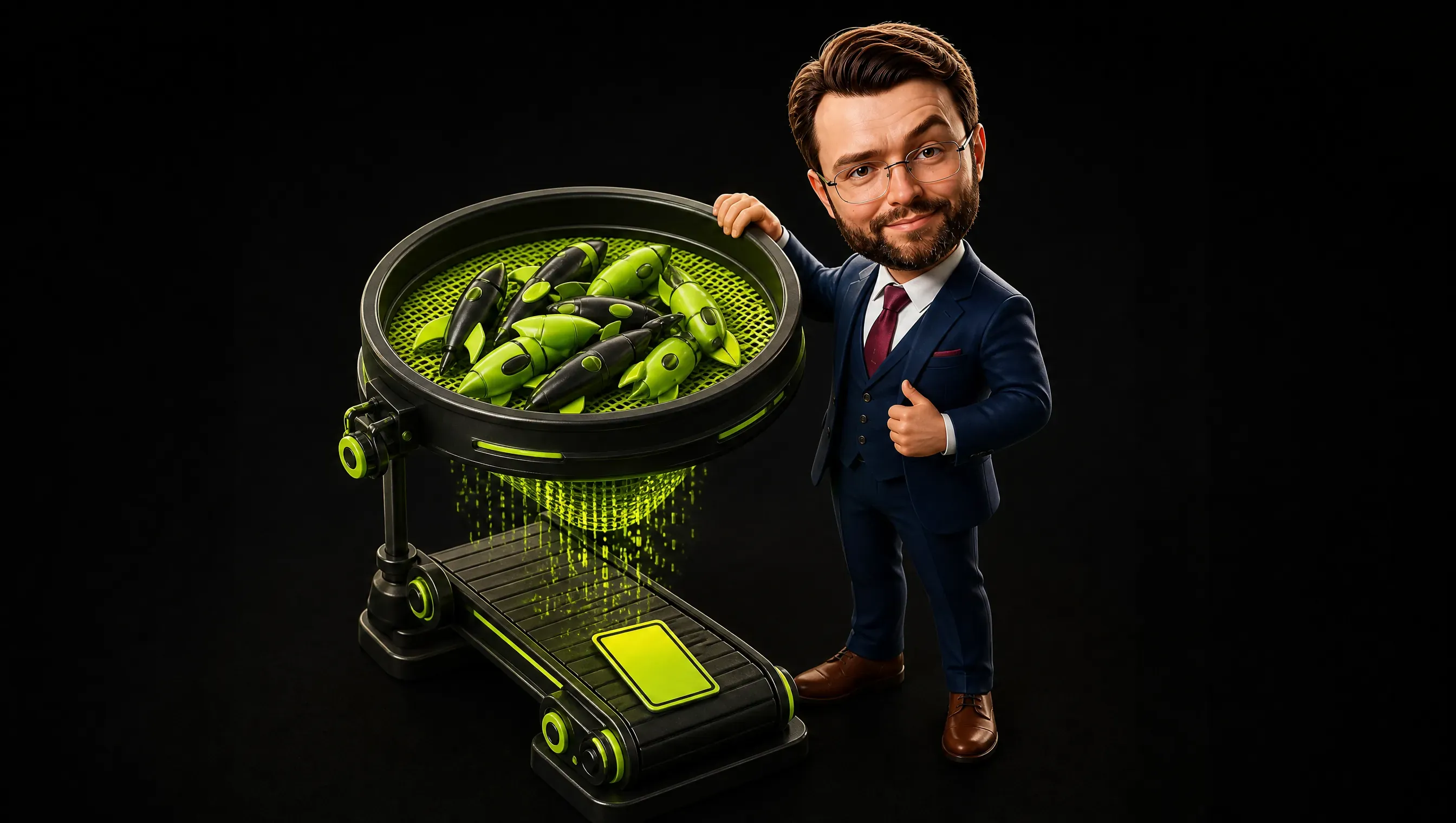 A dark sieve with a lime mesh holds back shiny toys and colorful firecrackers, while a single plain card with a blank label passes through, and the marketer nods