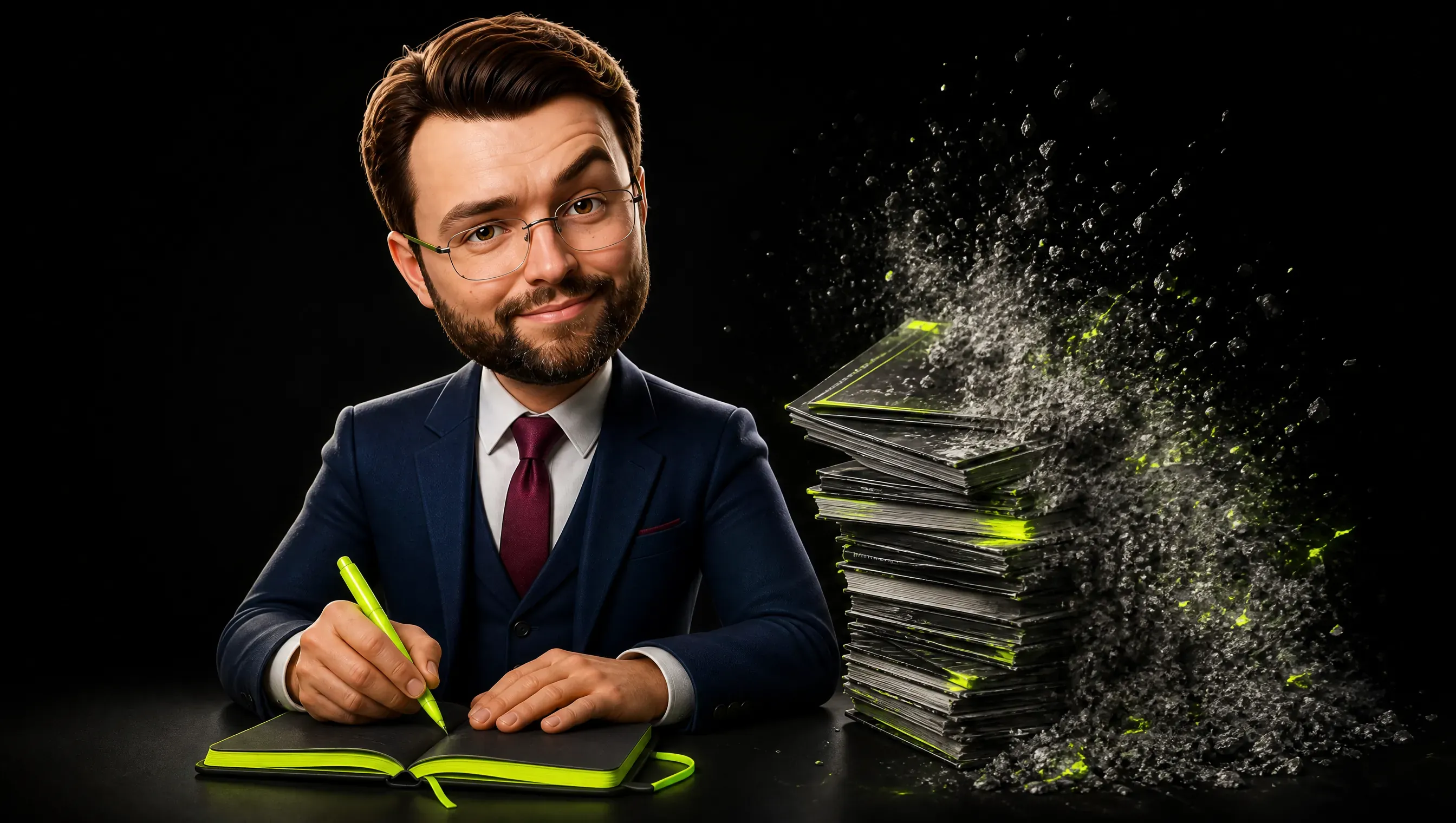 A pile of glossy trend magazines dissolves into grey ash in the background, while in the foreground the marketer writes in a notebook with a lime pen