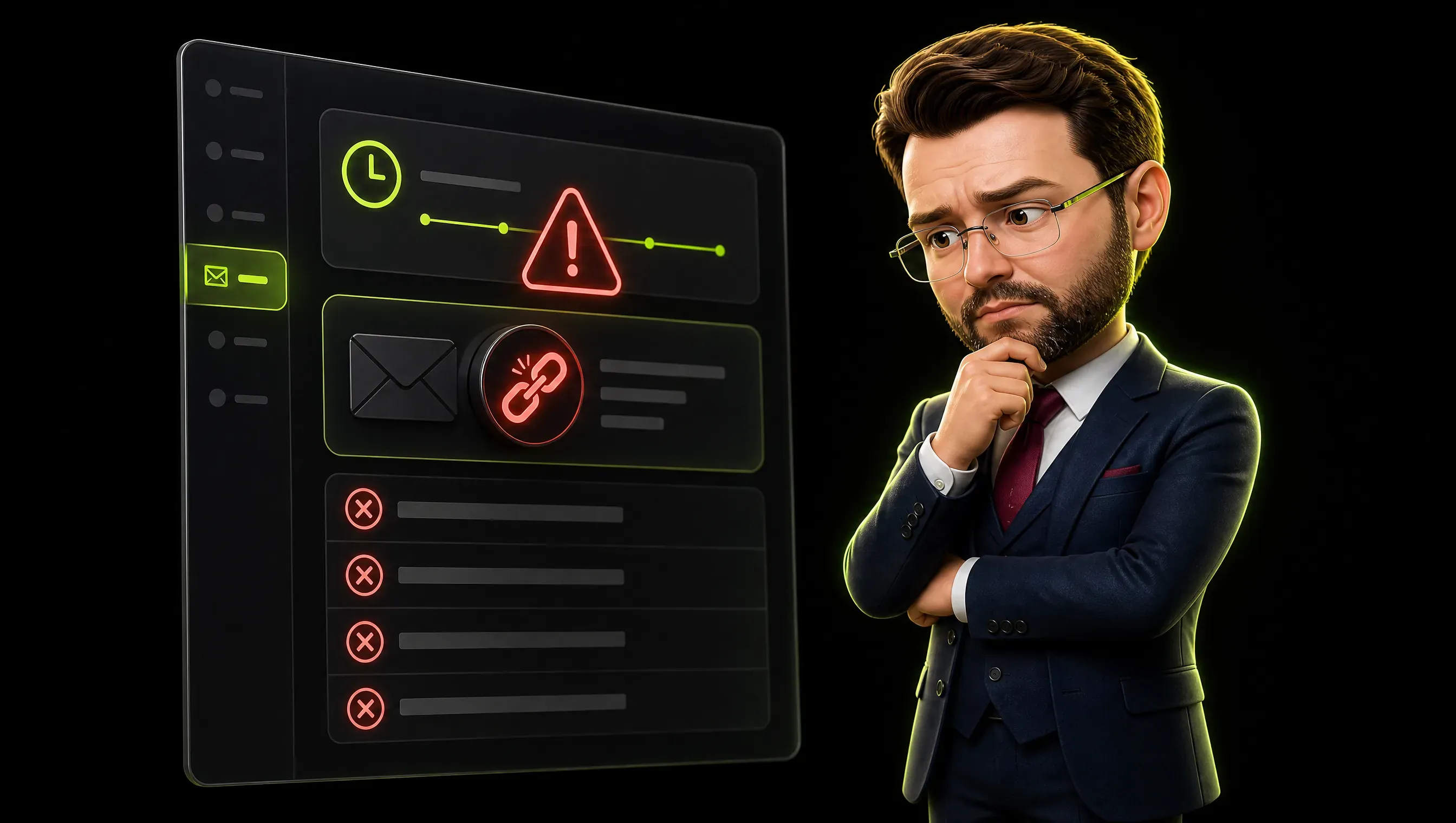 A newsletter interface showing a red error warning over a scheduled send, a broken-link icon highlighted, and a list of failed checks below it