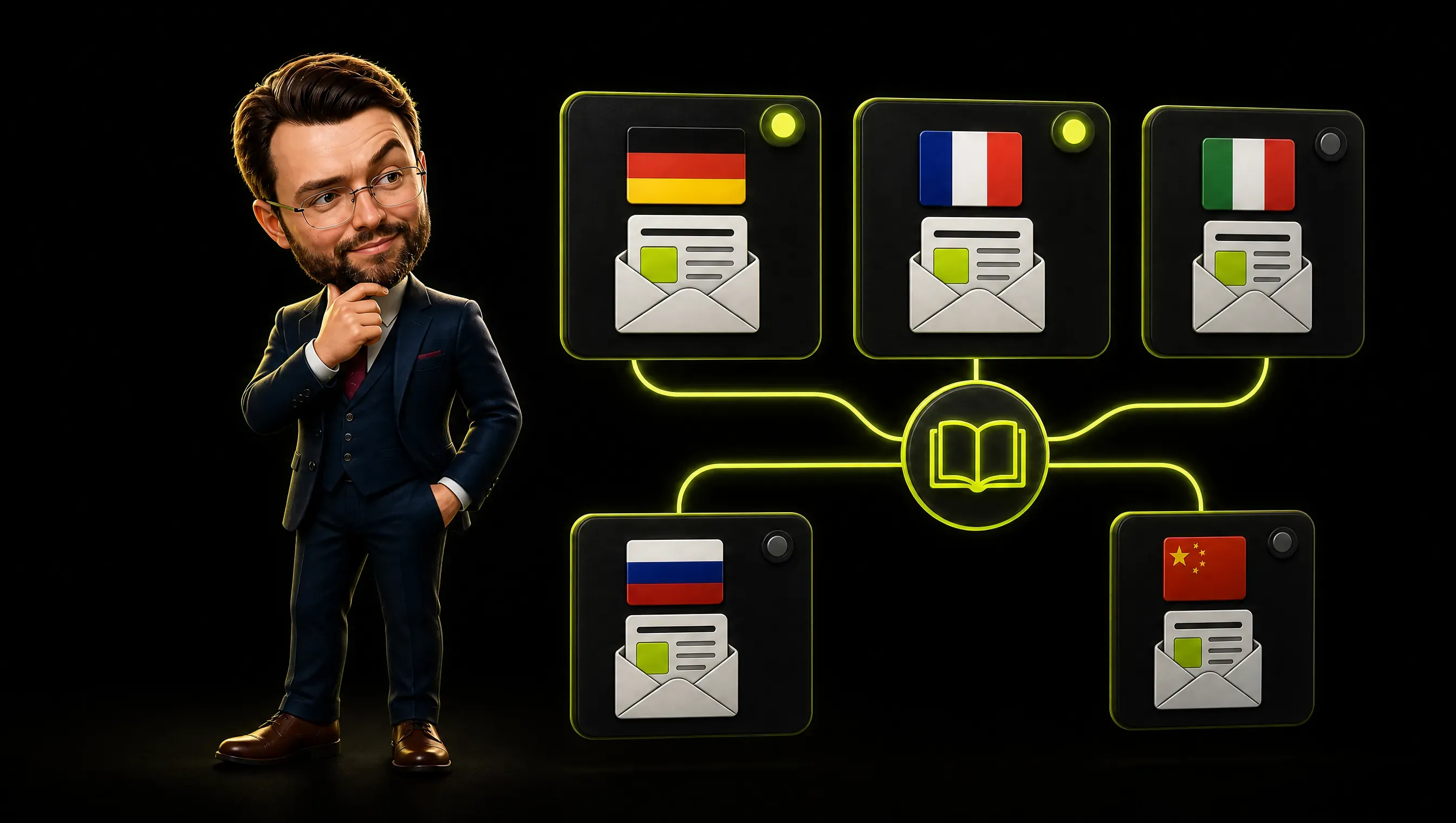A grid of newsletter cards in German, French, Italian, Russian, and Chinese, with German and French marked live and the rest marked planned, connected by thin gold lines representing one shared glossary workflow