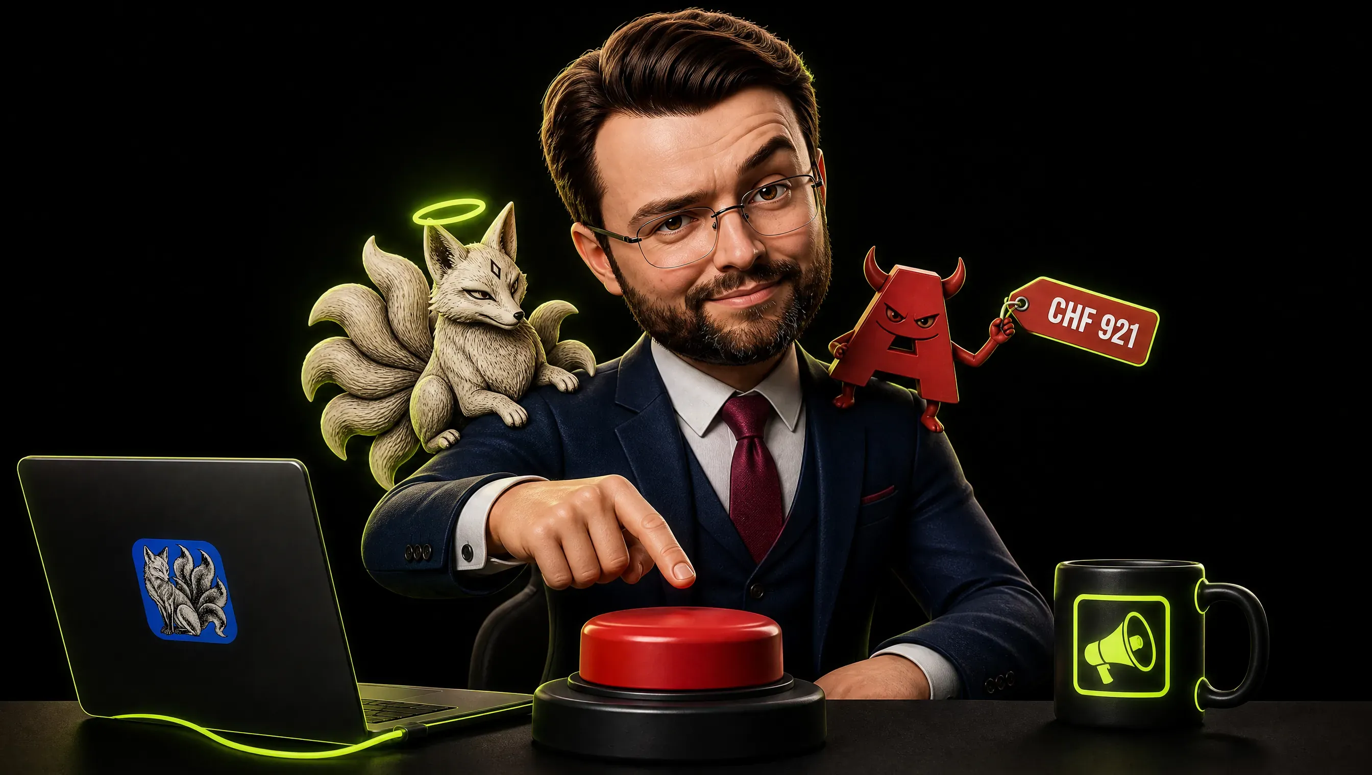 The marketer with a finger over a big red renewal button, a haloed fox on one shoulder and a red letter A imp with a CHF 921 price tag on the other