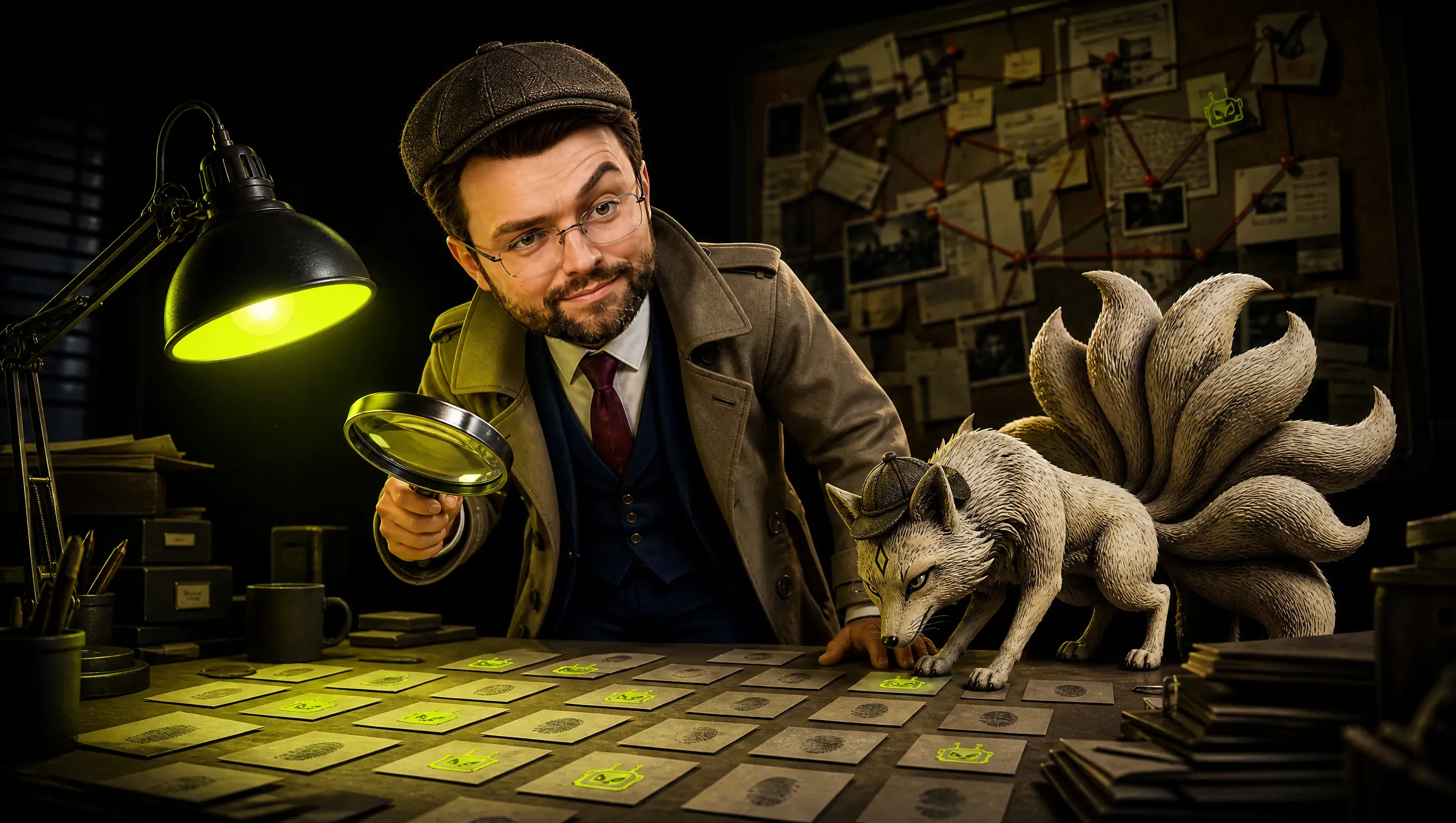 A noir detective marketer and a small fox in a detective hat inspect a table of commit cards, some of them marked with a lime robot stamp