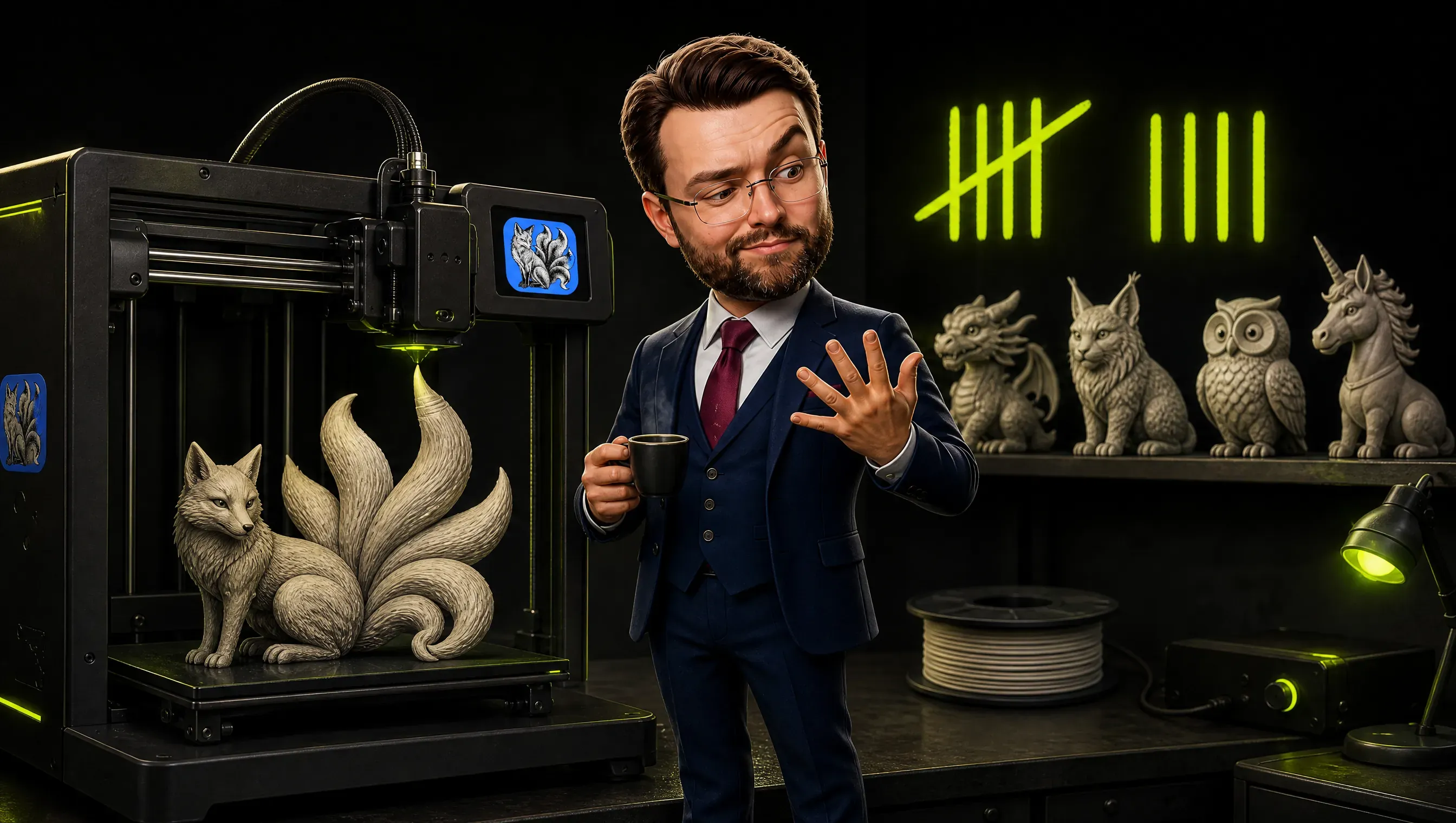 A clay-style marketer with an espresso counts the tails of a 3D-printed nine-tailed fox, eight finished and the ninth still printing, next to nine tally marks on the wall