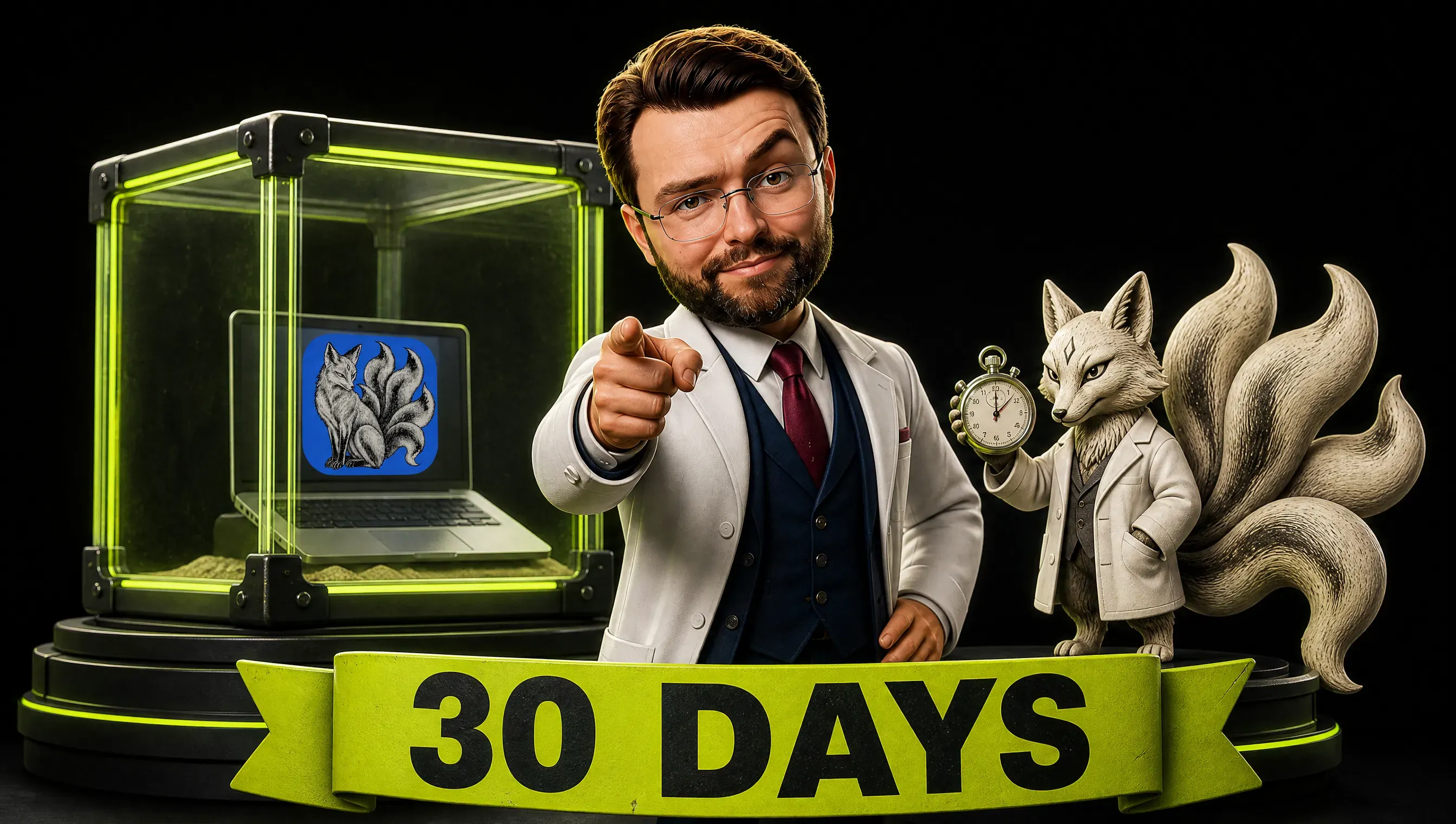The marketer in a lab coat points at the viewer in a recruitment-poster style, with a glass sandbox cube and a fox holding a stopwatch behind him and a banner reading 30 DAYS