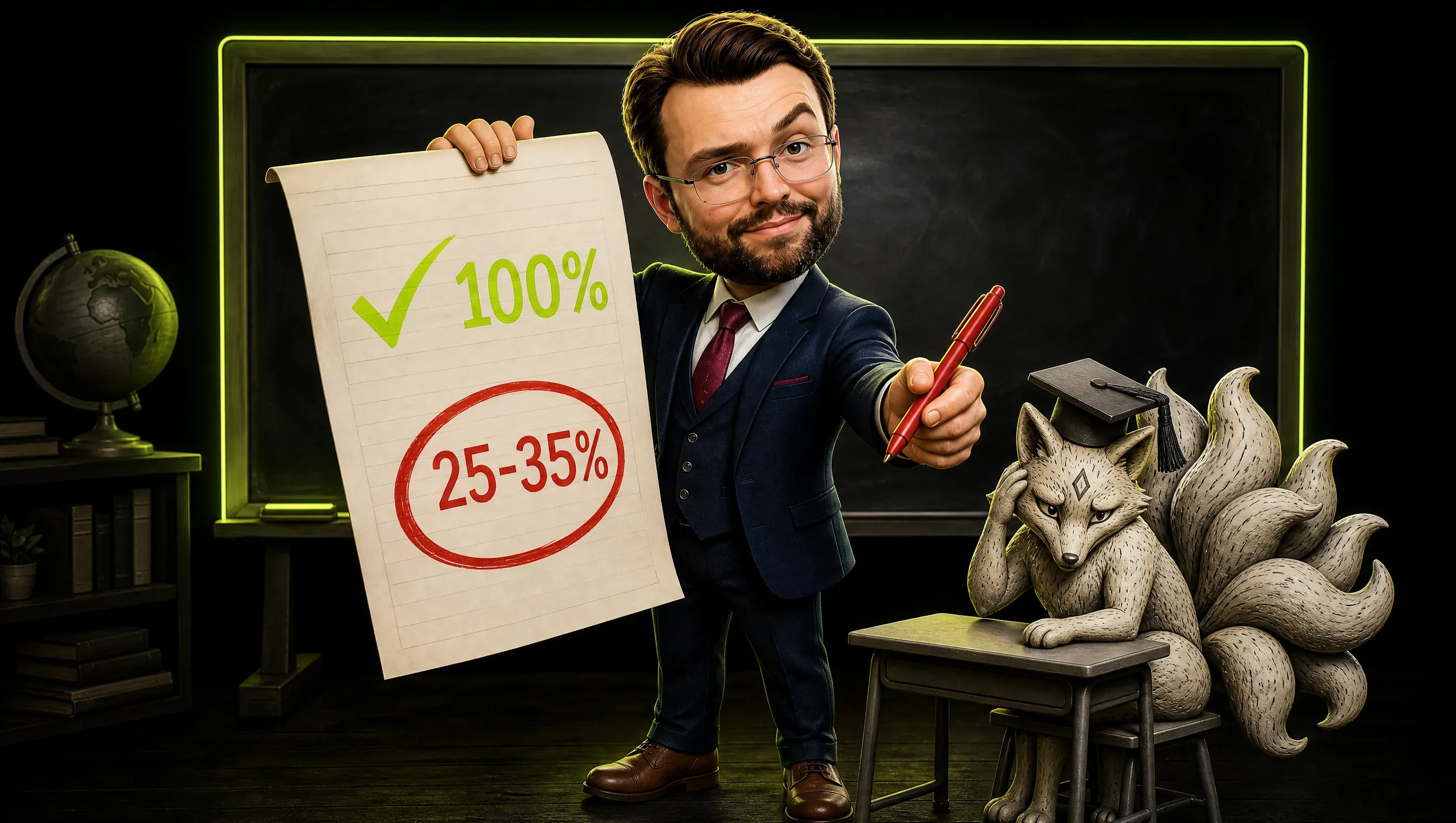A teacher-style marketer with a red pen shows an exam paper graded 100% for menu items and a circled 25-35% for professional readiness, while a sheepish fox in a graduation cap sits at a school desk