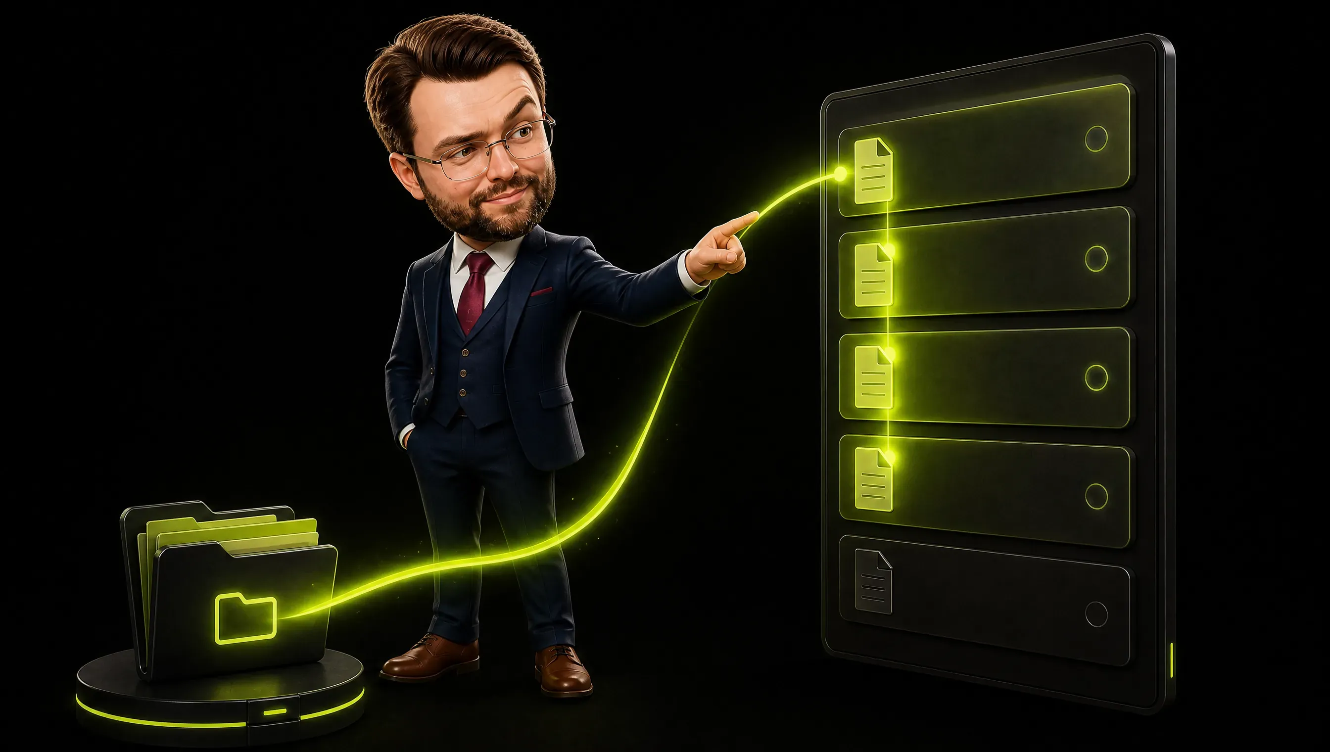 A dark reader interface with a single gold beam of light traveling from a folder icon into a panel of retrieved notes, each note lighting up as the beam touches it