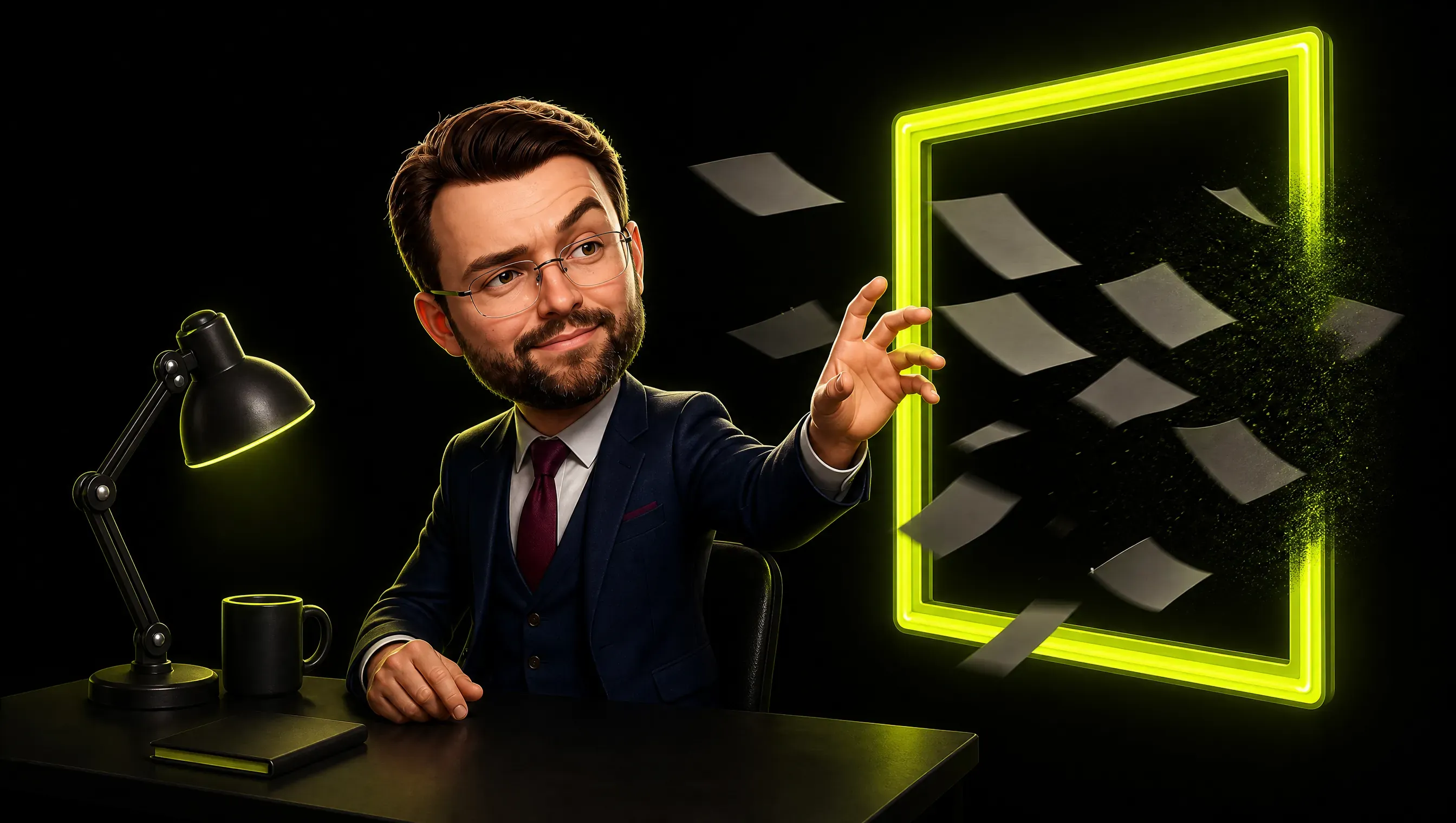 A person sits at a dark desk facing an empty glowing window frame, the surface around it covered in blank slips of paper that dissolve into the dark before the frame ever fills