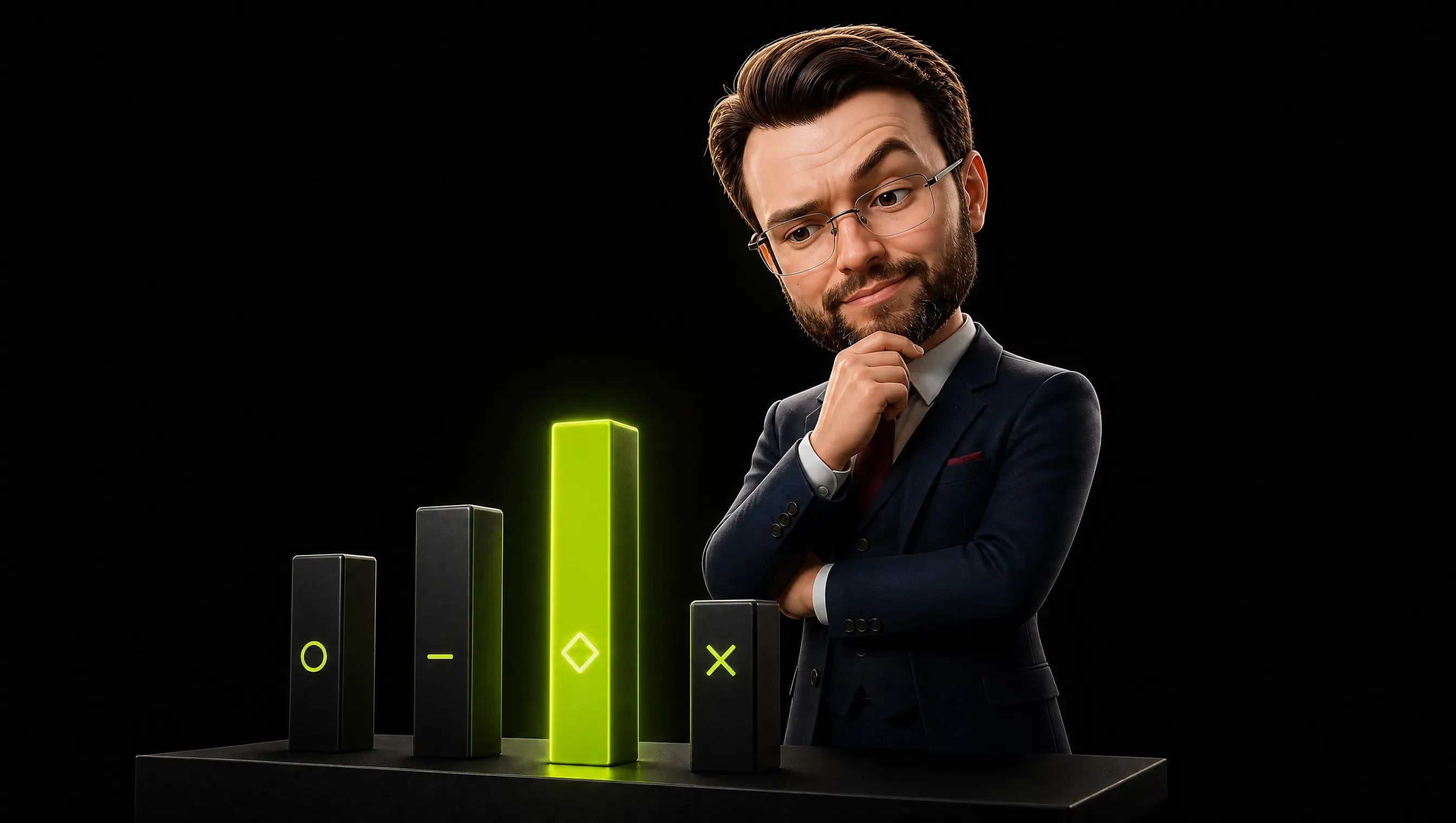 Four thin columns rise from a dark desk like a bar chart, each labeled with one small word, ok, gap, consolidate, noise, with the consolidate column glowing gold and the rest dim