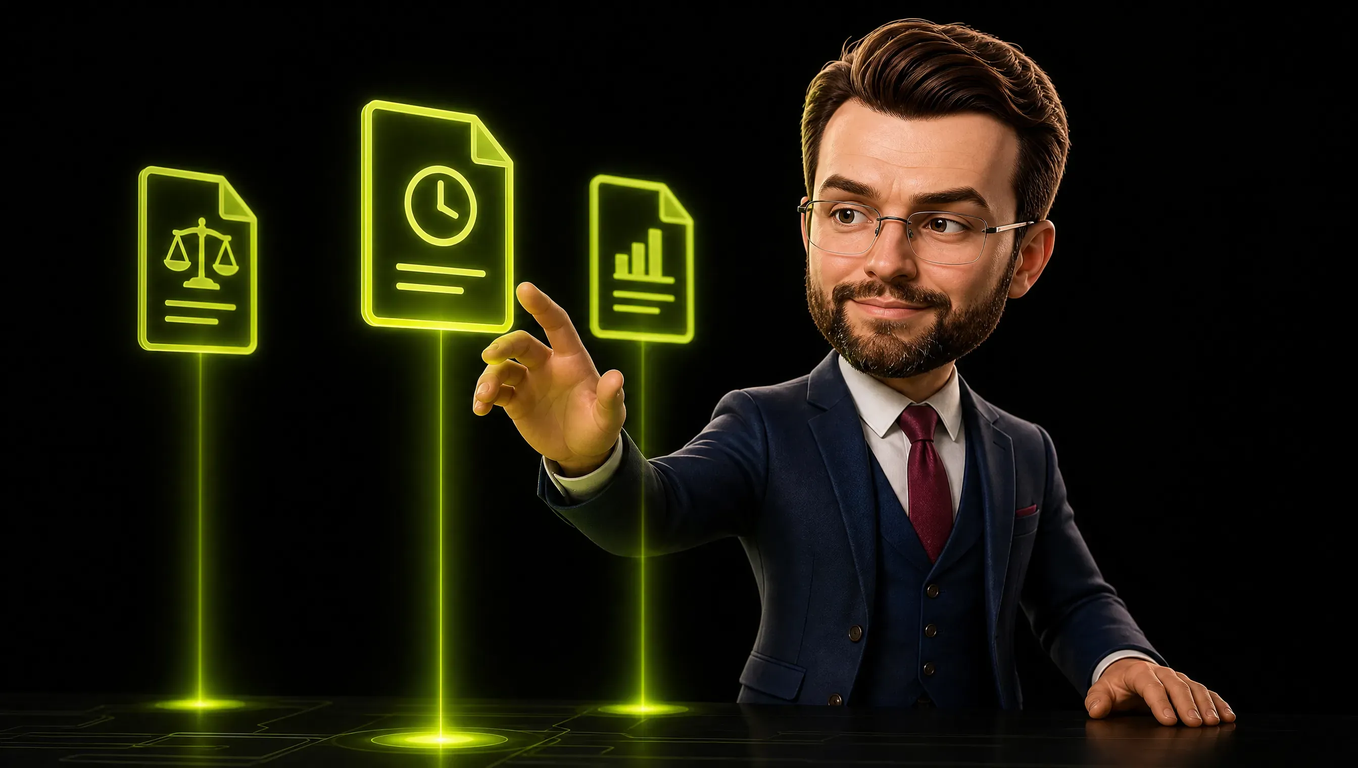 Three small glowing files float above a dark desk, one labeled rules, one labeled recency, one labeled log, each casting a thin gold beam down onto the surface below